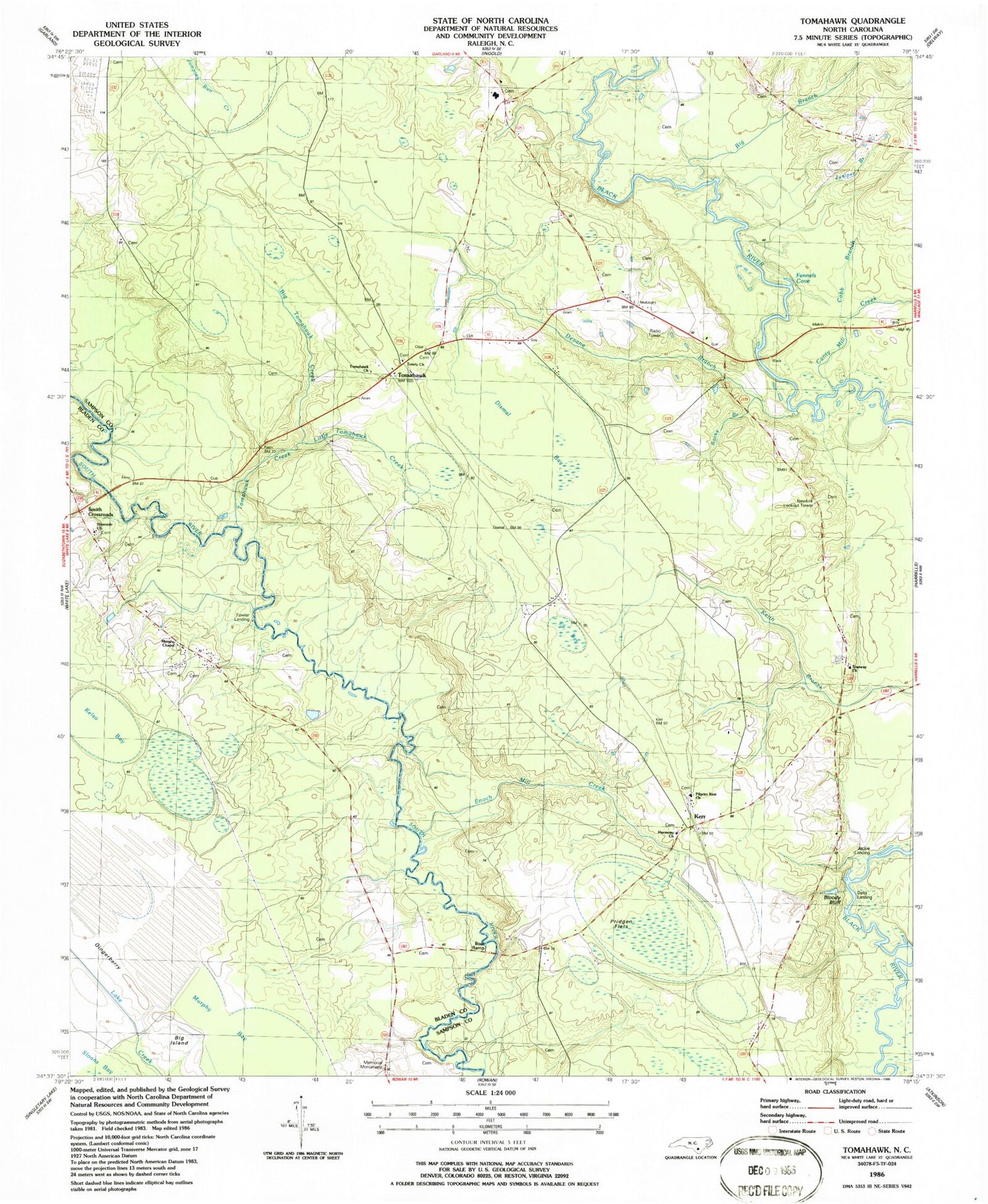 Classic USGS Tomahawk North Carolina 7.5'x7.5' Topo Map Image