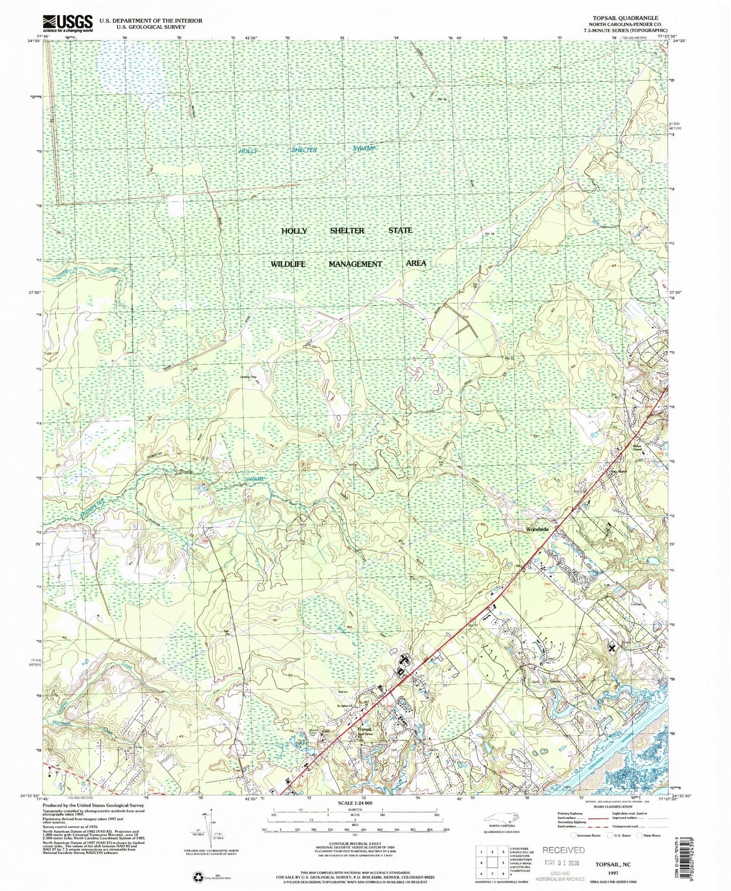 Classic USGS Topsail North Carolina 7.5'x7.5' Topo Map Image