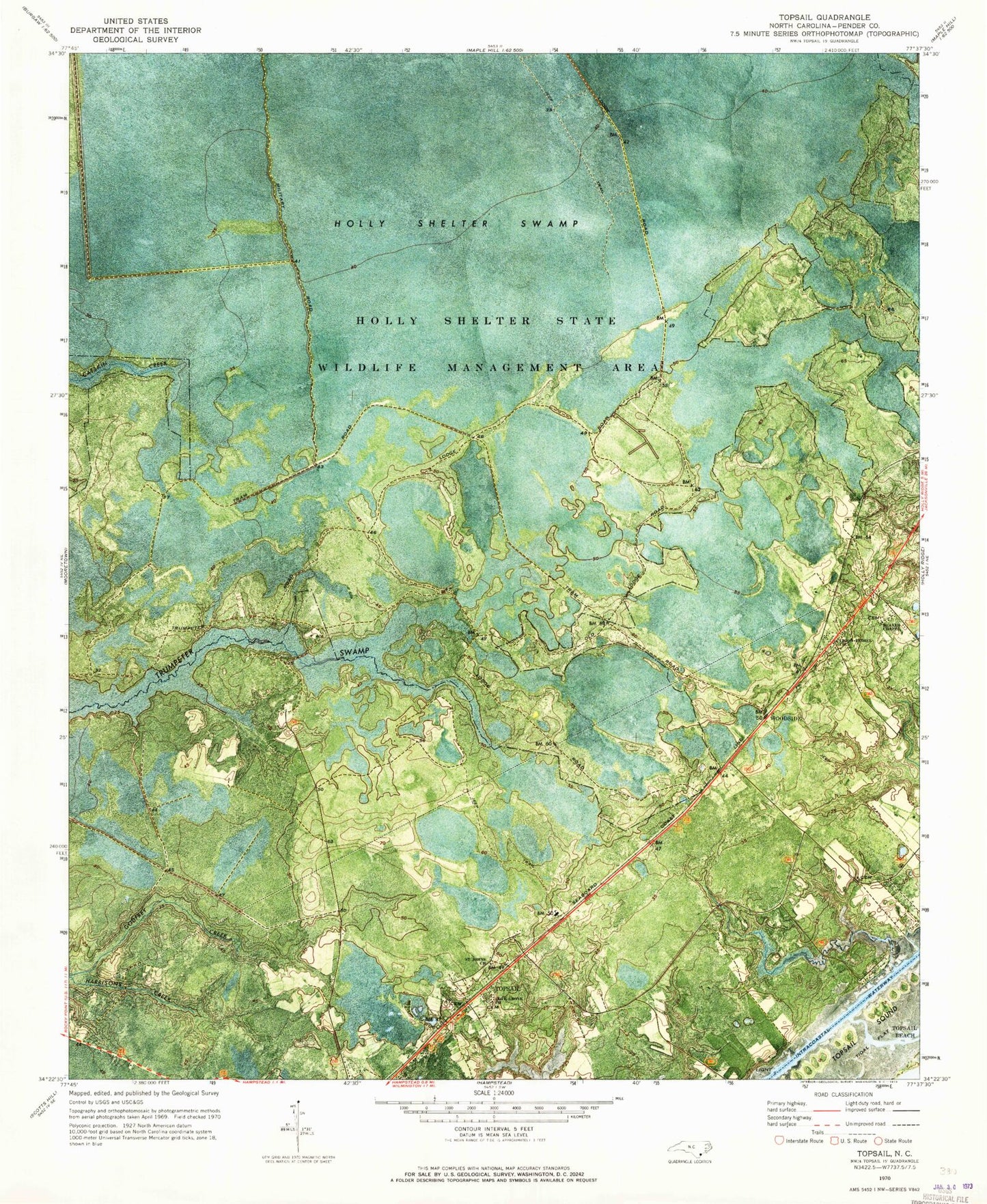Classic USGS Topsail North Carolina 7.5'x7.5' Topo Map Image