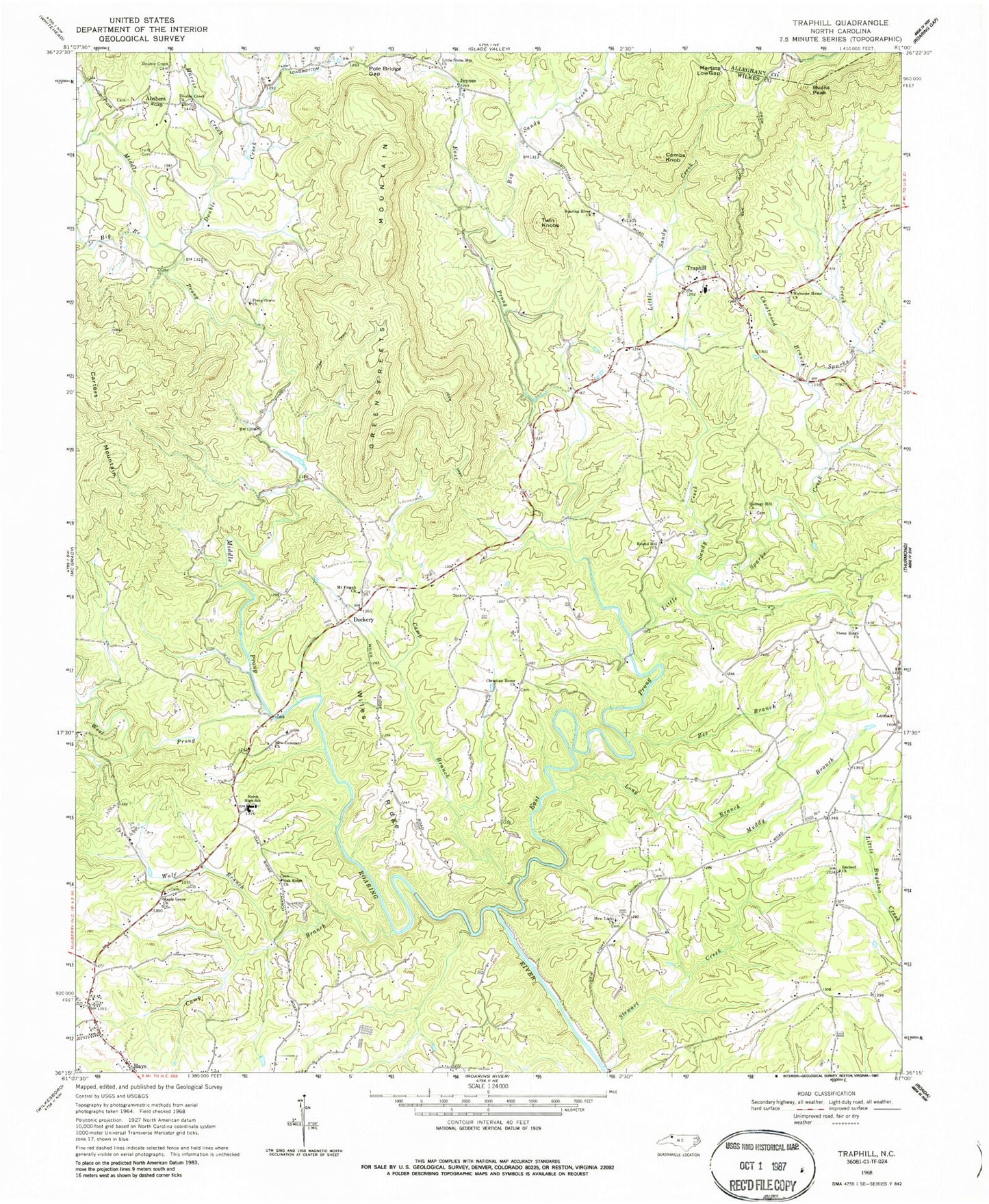 Classic USGS Traphill North Carolina 7.5'x7.5' Topo Map Image