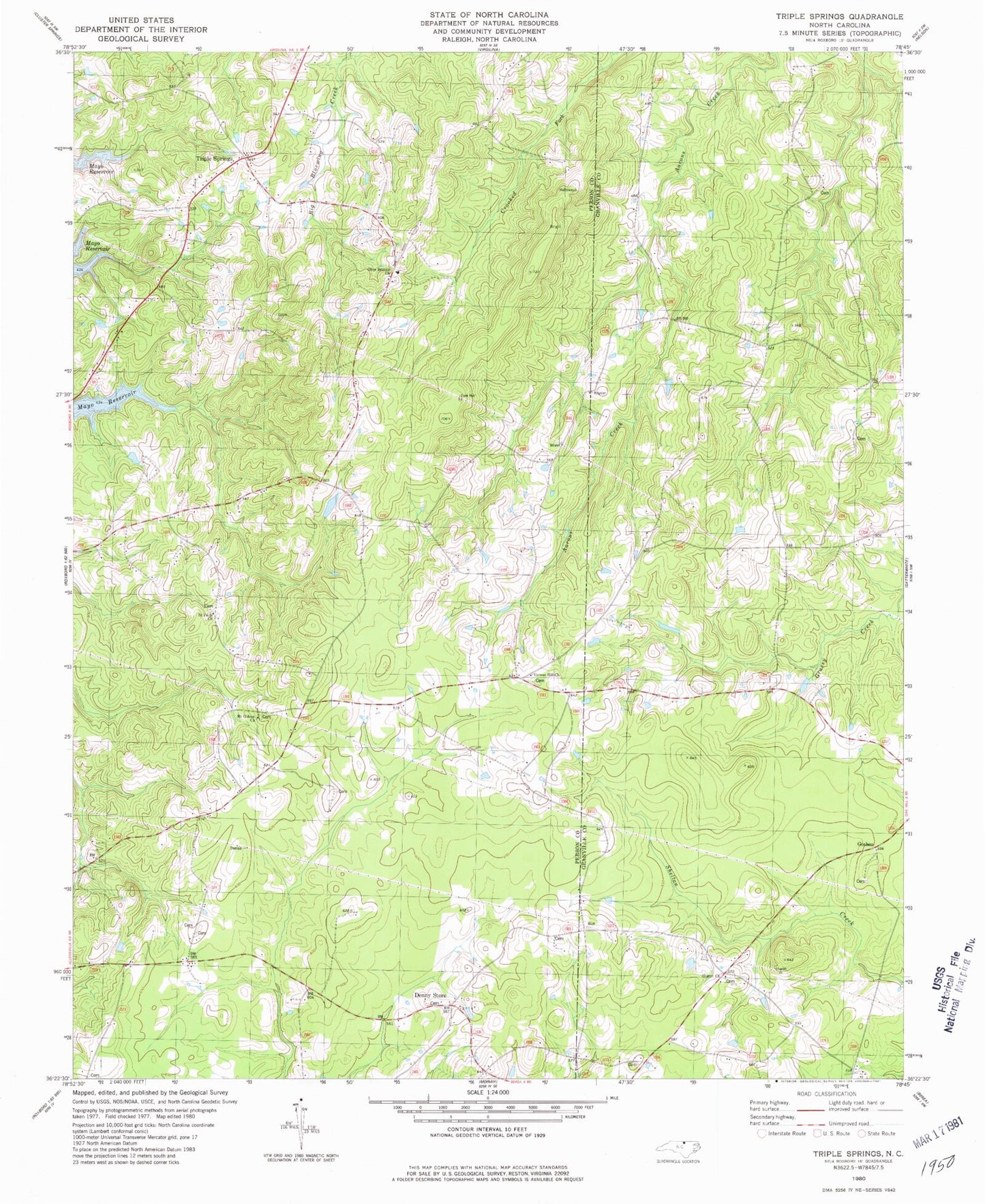 Classic USGS Triple Springs North Carolina 7.5'x7.5' Topo Map Image