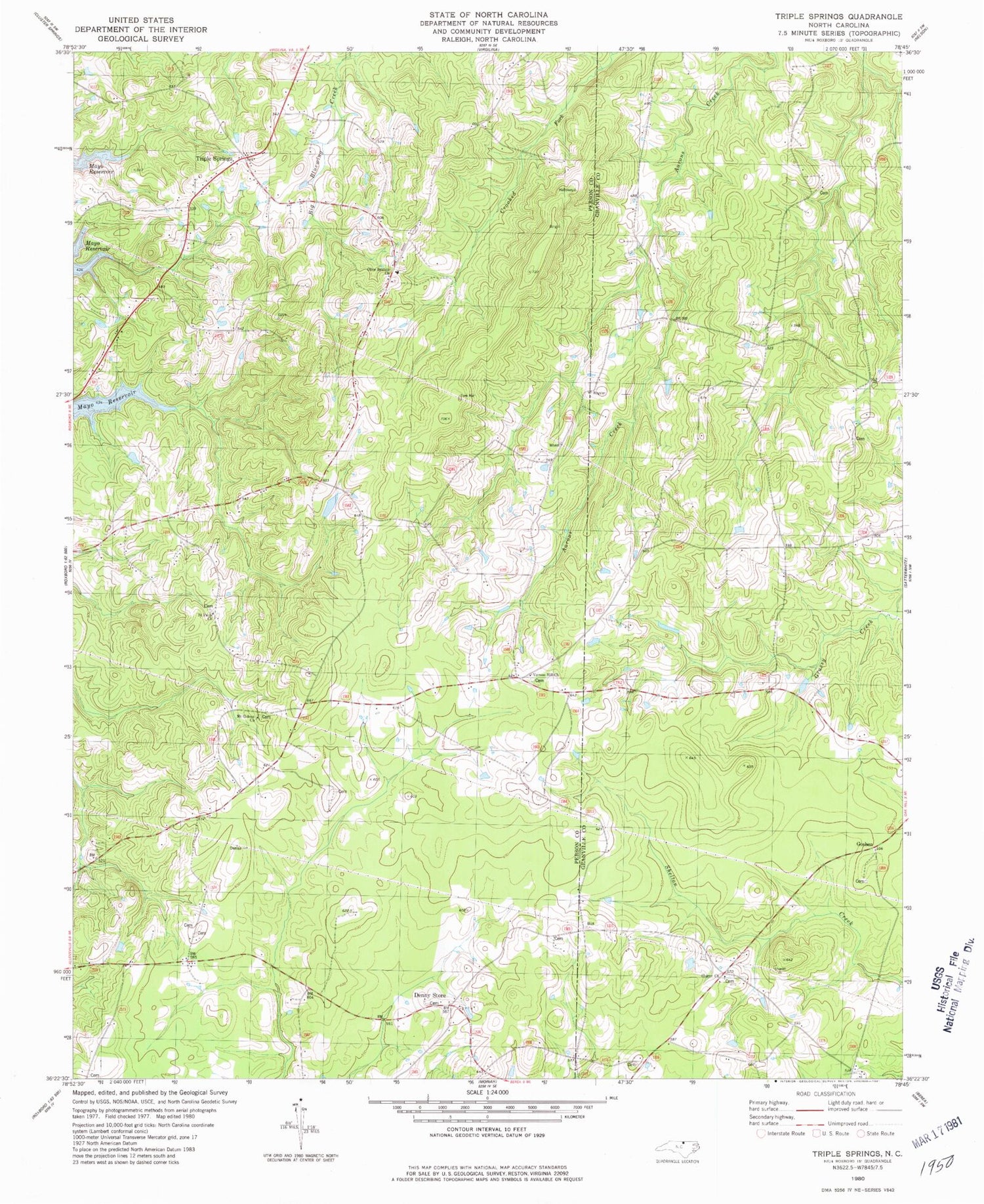 Classic USGS Triple Springs North Carolina 7.5'x7.5' Topo Map Image