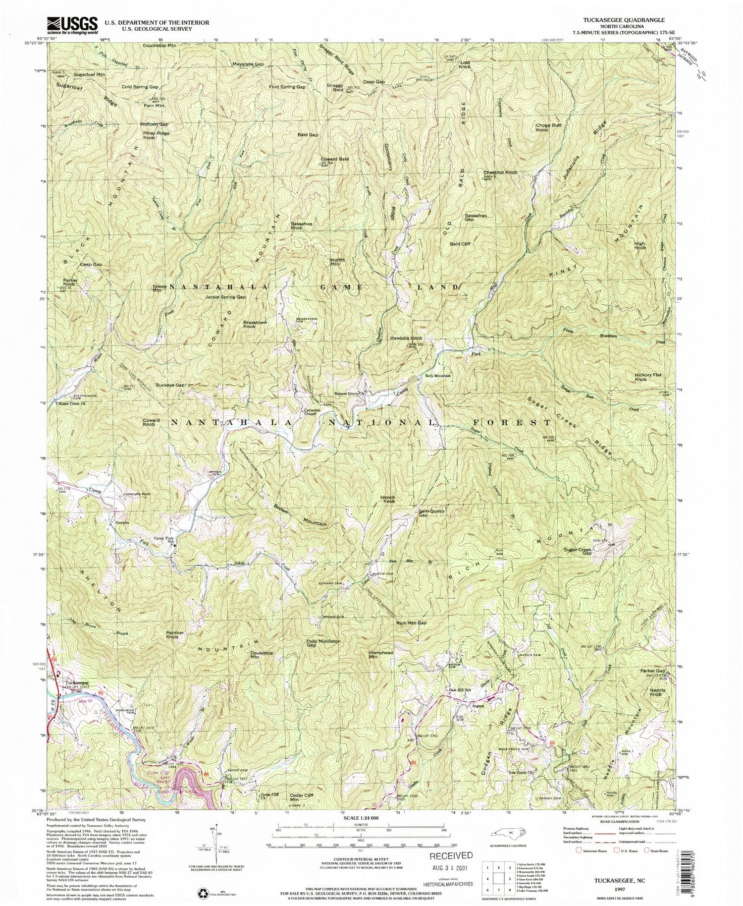 Classic USGS Tuckasegee North Carolina 7.5'x7.5' Topo Map Image