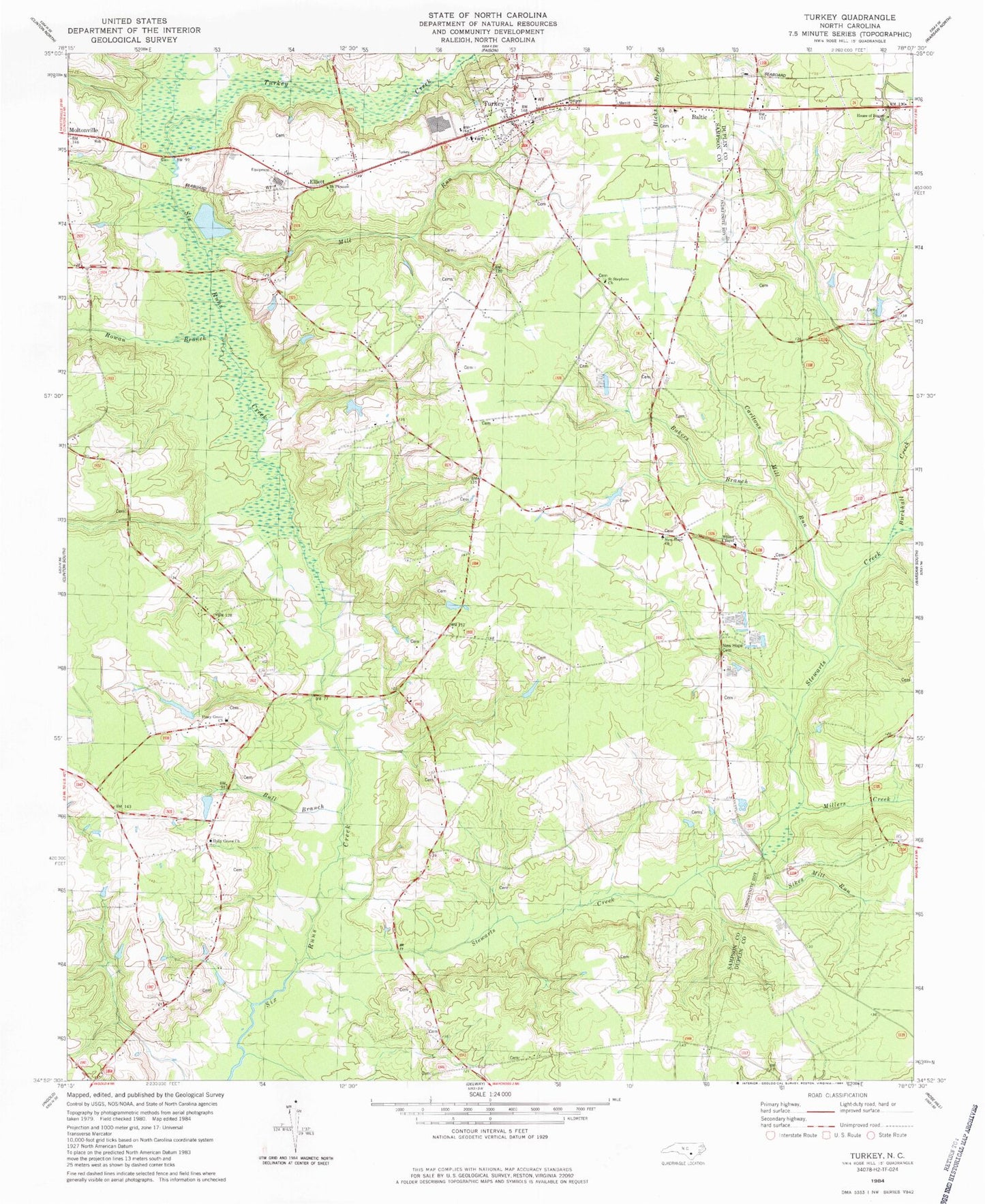 Classic USGS Turkey North Carolina 7.5'x7.5' Topo Map Image