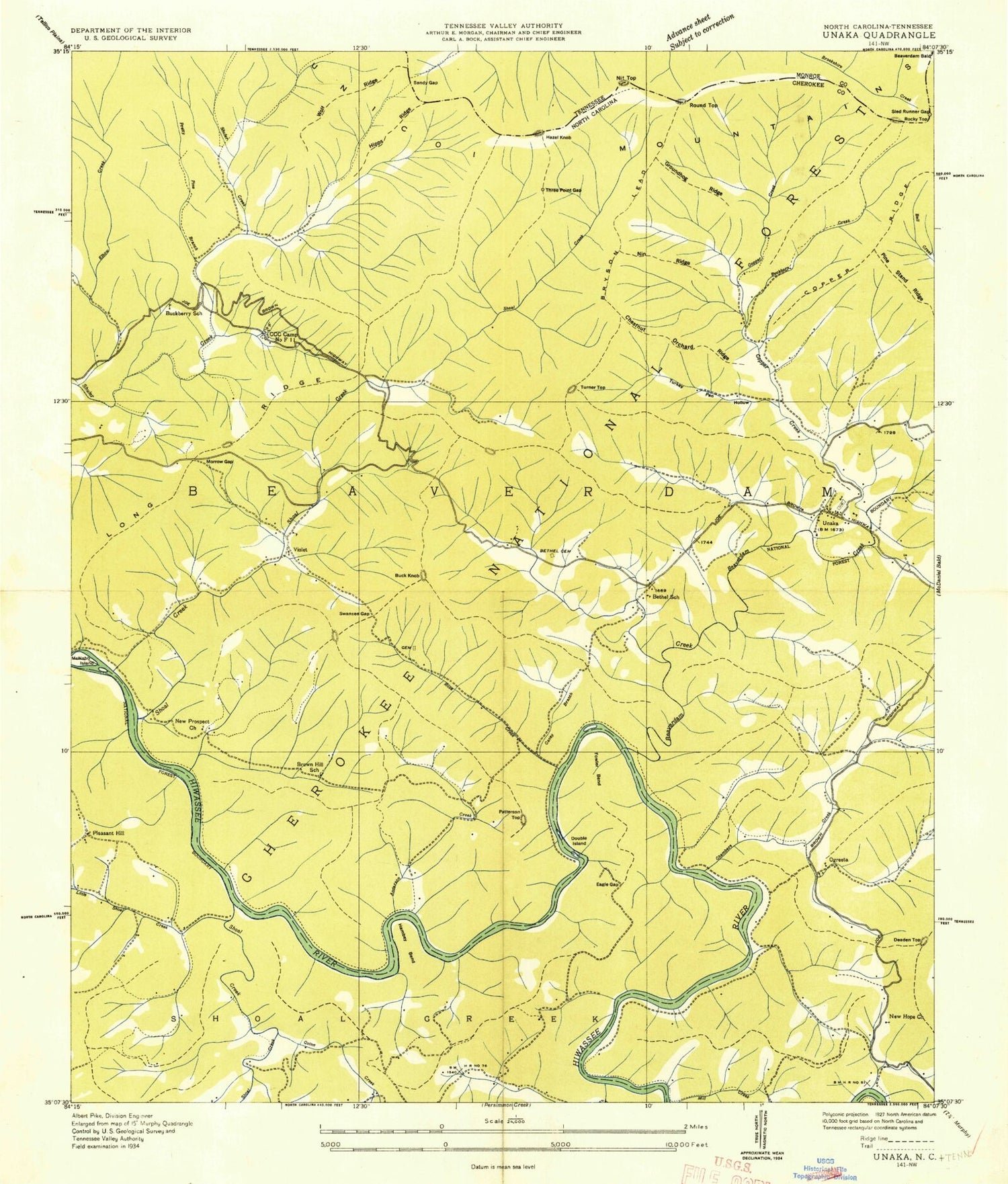Classic USGS Unaka North Carolina 7.5'x7.5' Topo Map Image