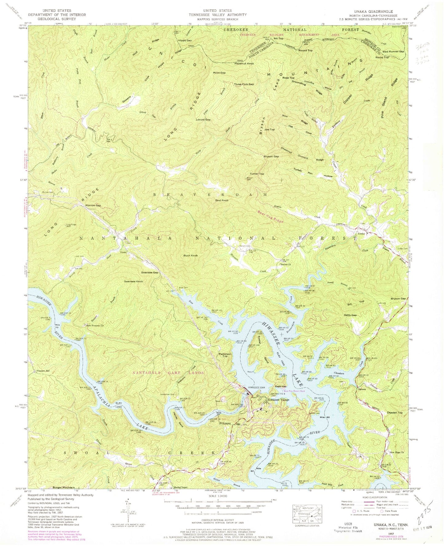 Classic USGS Unaka North Carolina 7.5'x7.5' Topo Map Image