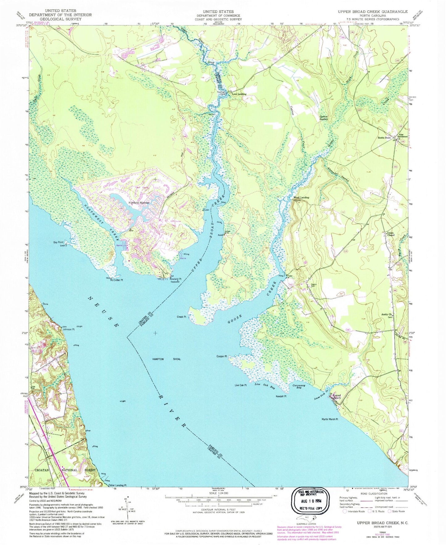 Classic USGS Upper Broad Creek North Carolina 7.5'x7.5' Topo Map Image