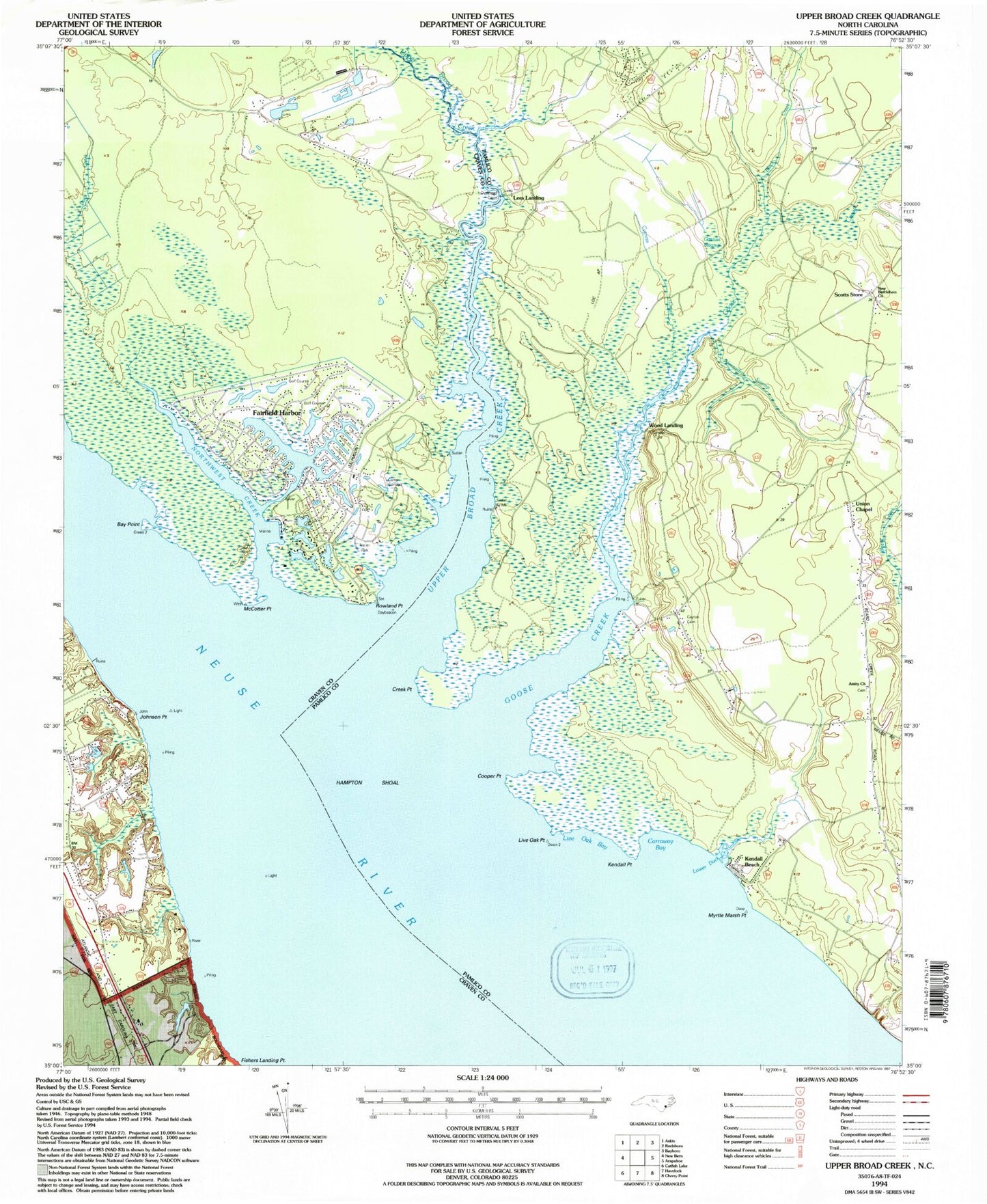 Classic USGS Upper Broad Creek North Carolina 7.5'x7.5' Topo Map Image