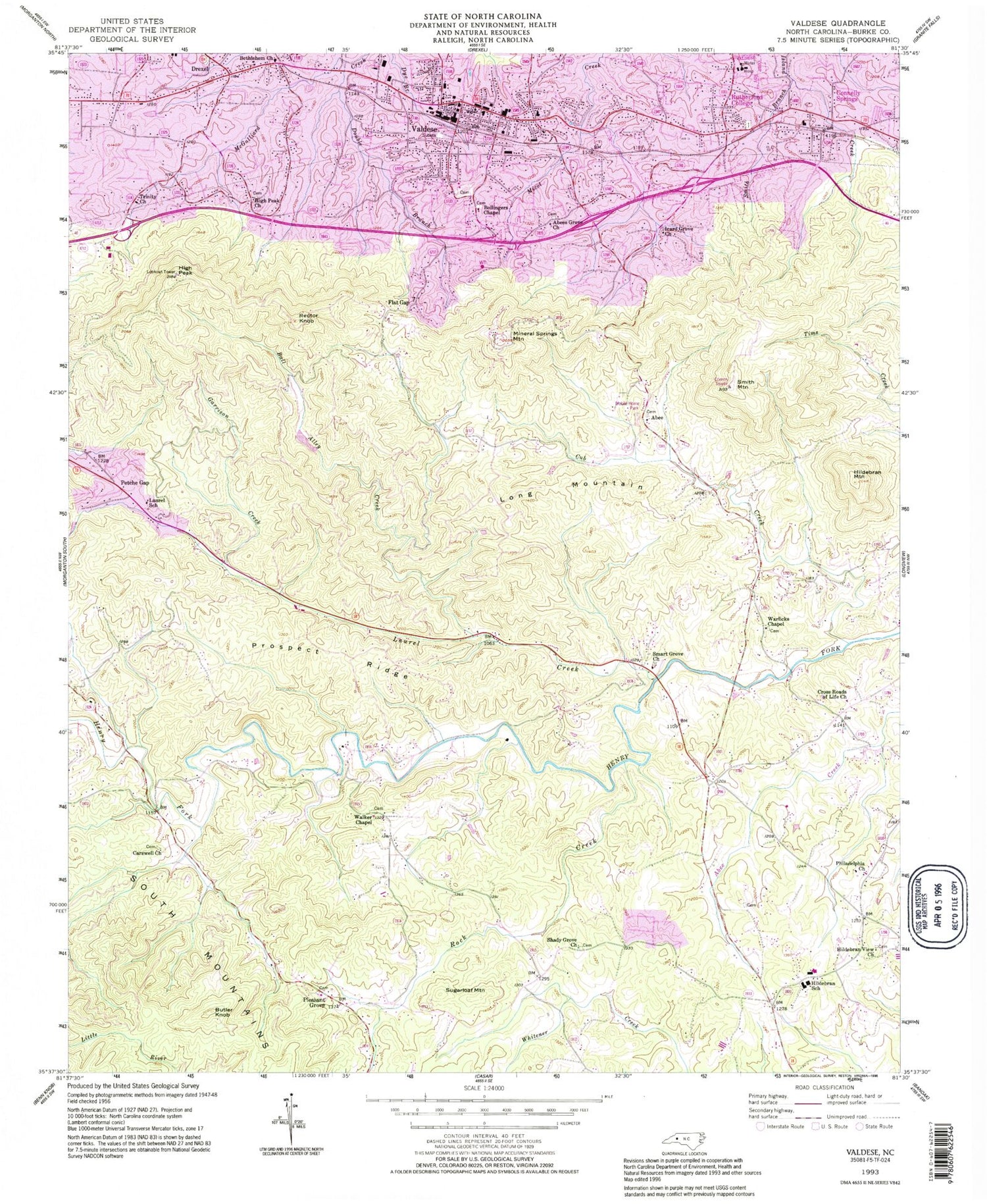 Classic USGS Valdese North Carolina 7.5'x7.5' Topo Map Image