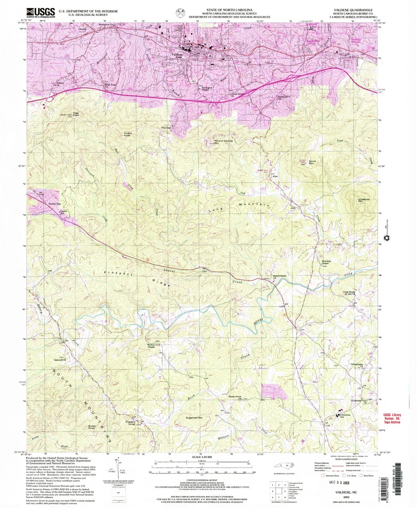Classic USGS Valdese North Carolina 7.5'x7.5' Topo Map Image