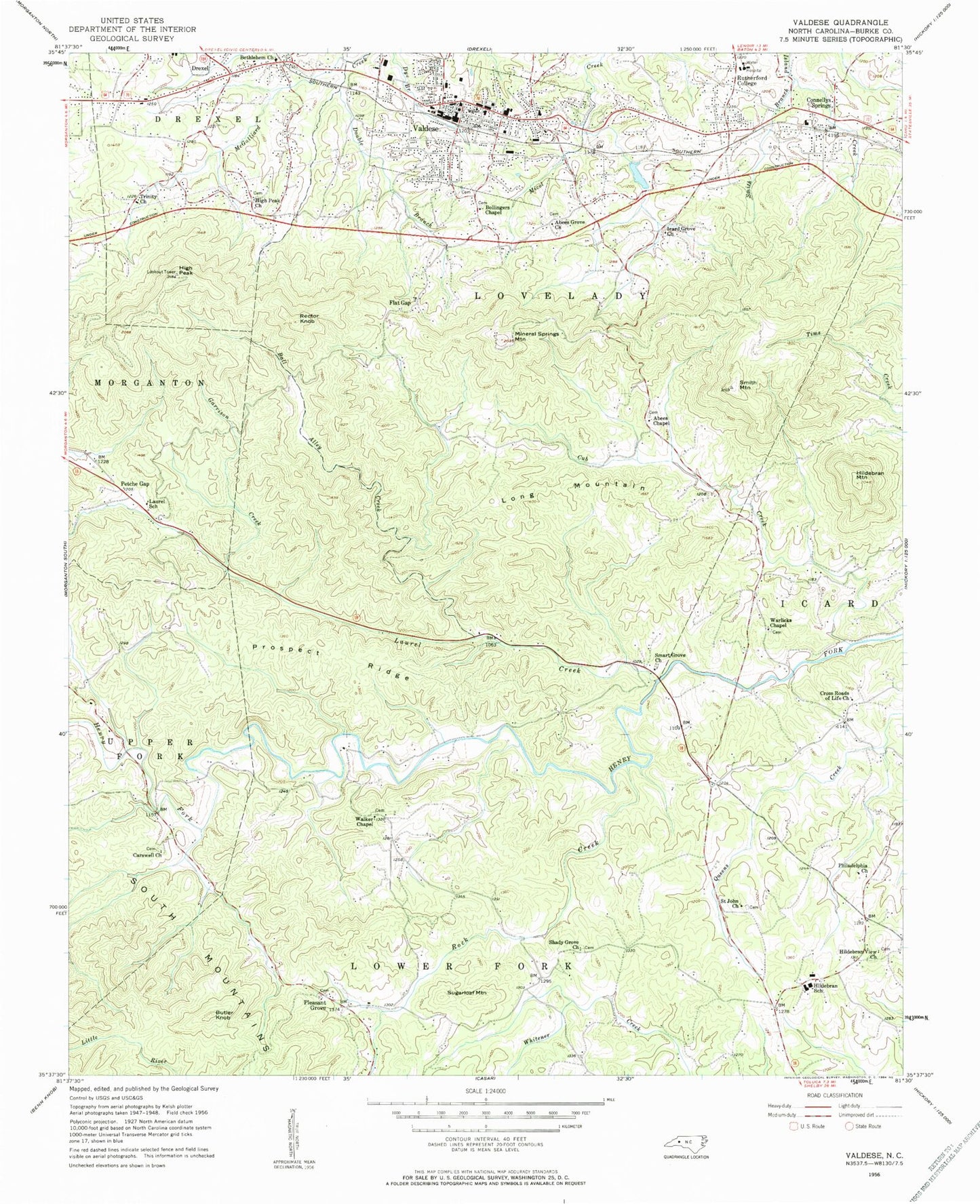 Classic USGS Valdese North Carolina 7.5'x7.5' Topo Map Image