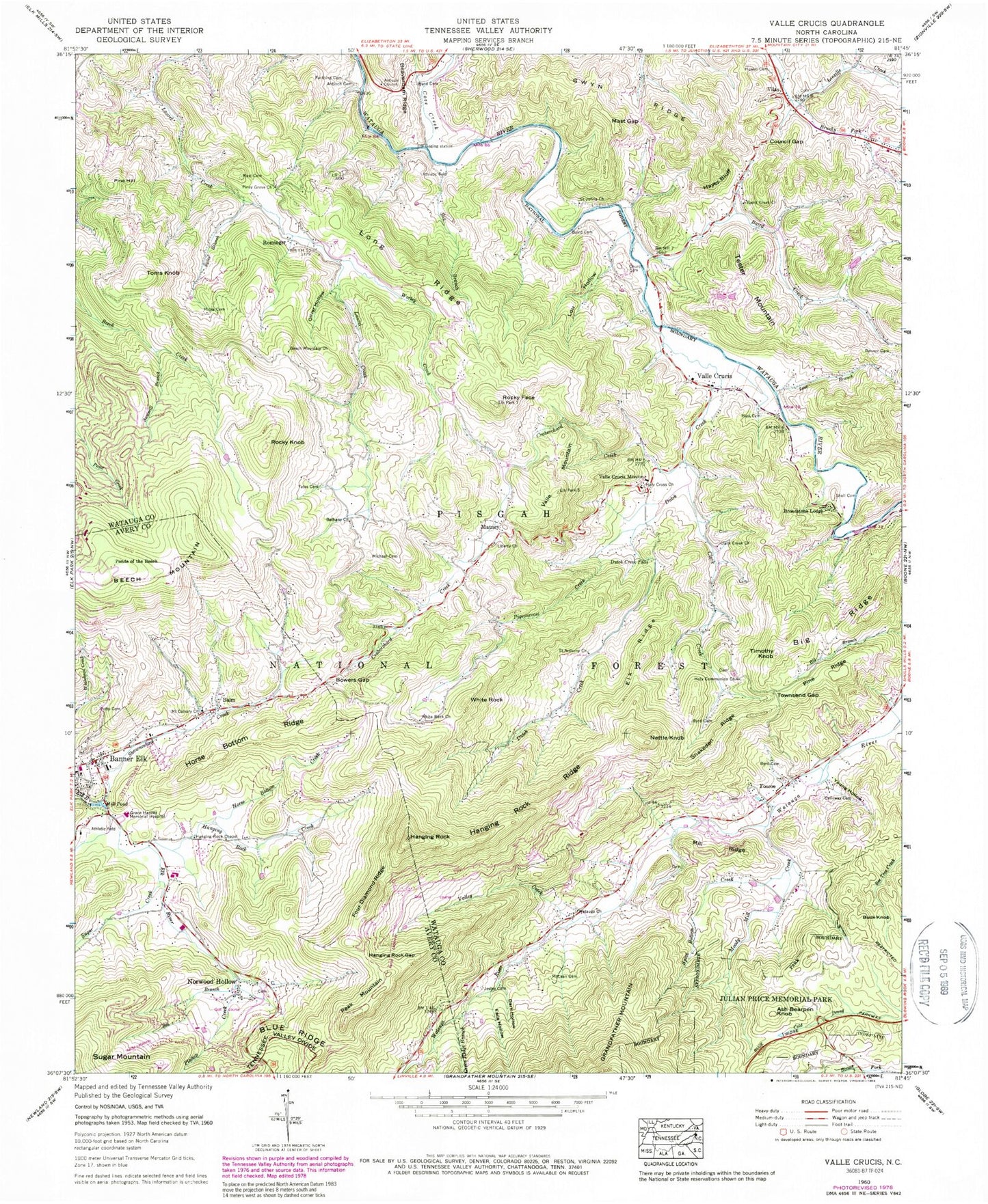 Classic USGS Valle Crucis North Carolina 7.5'x7.5' Topo Map Image