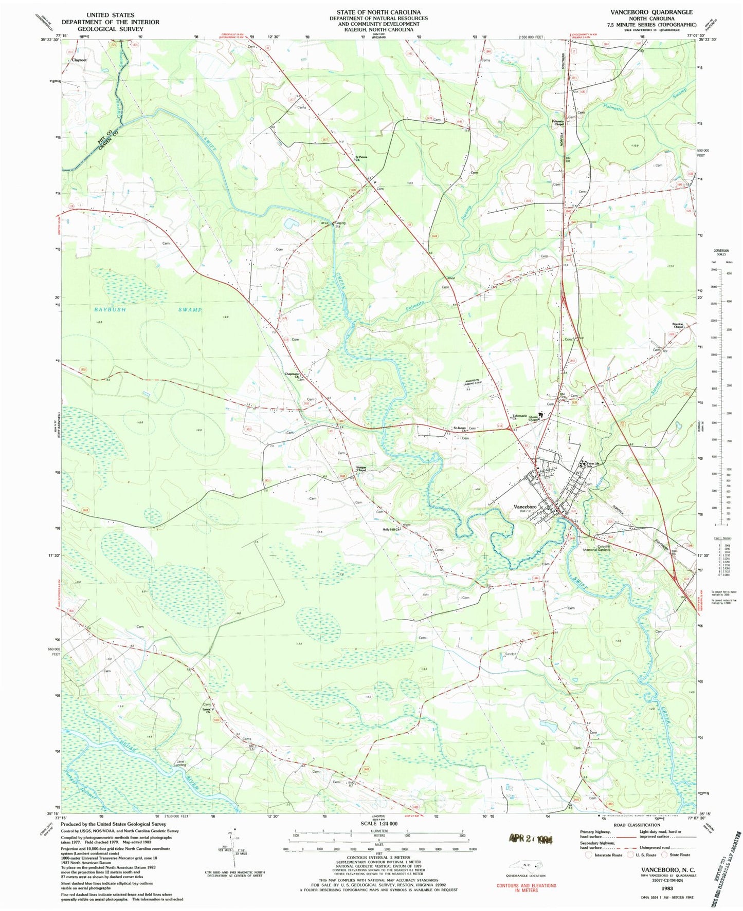 Classic USGS Vanceboro North Carolina 7.5'x7.5' Topo Map Image
