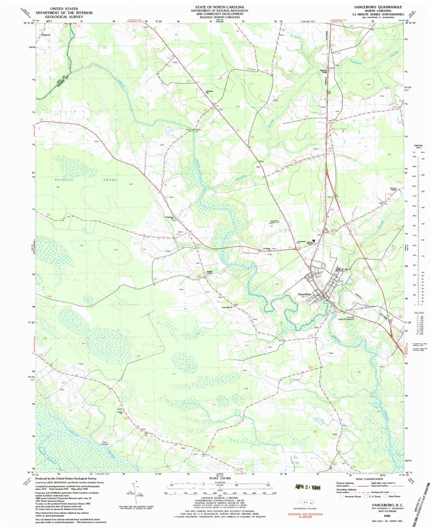 Classic USGS Vanceboro North Carolina 7.5'x7.5' Topo Map Image