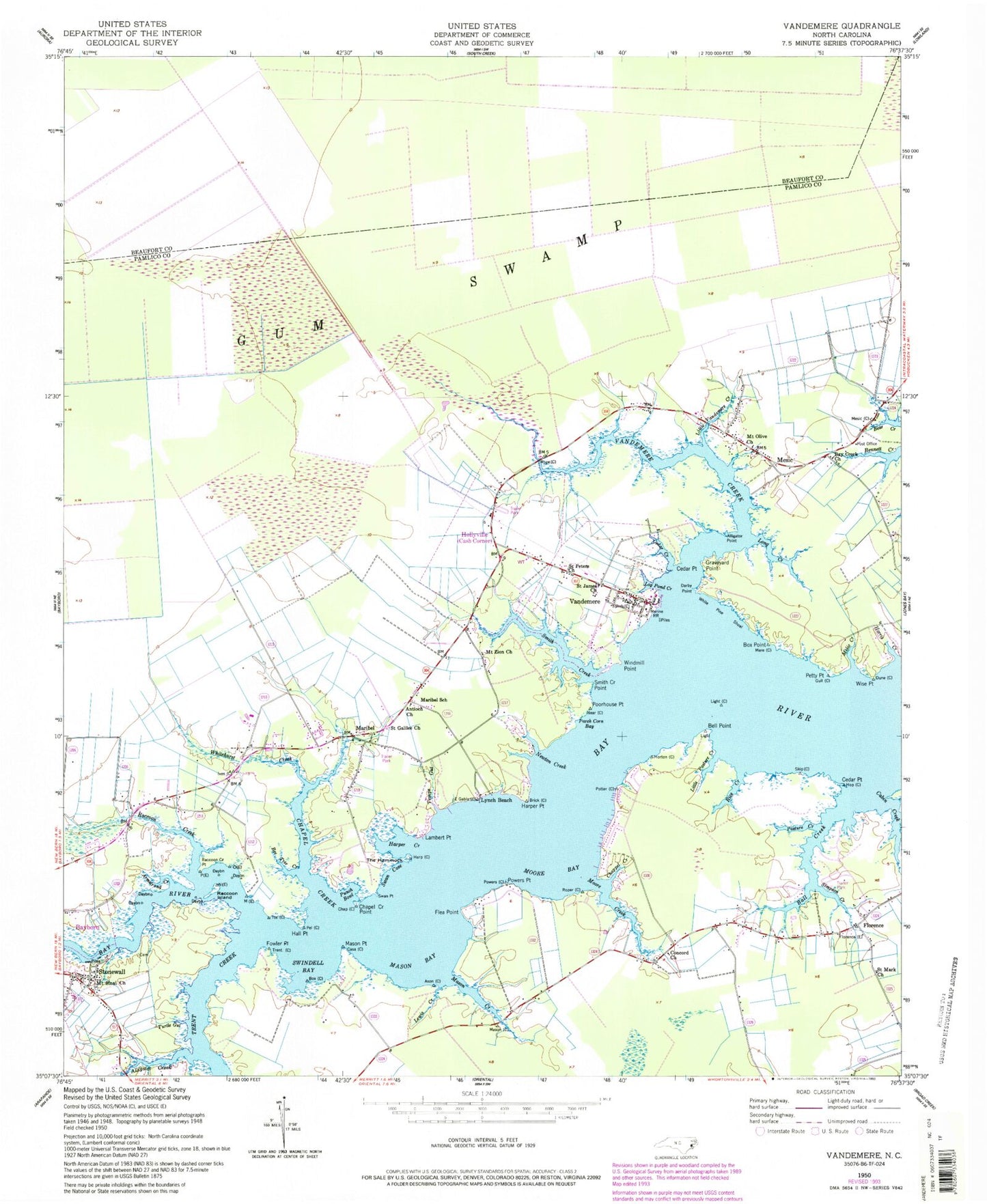 Classic USGS Vandemere North Carolina 7.5'x7.5' Topo Map Image