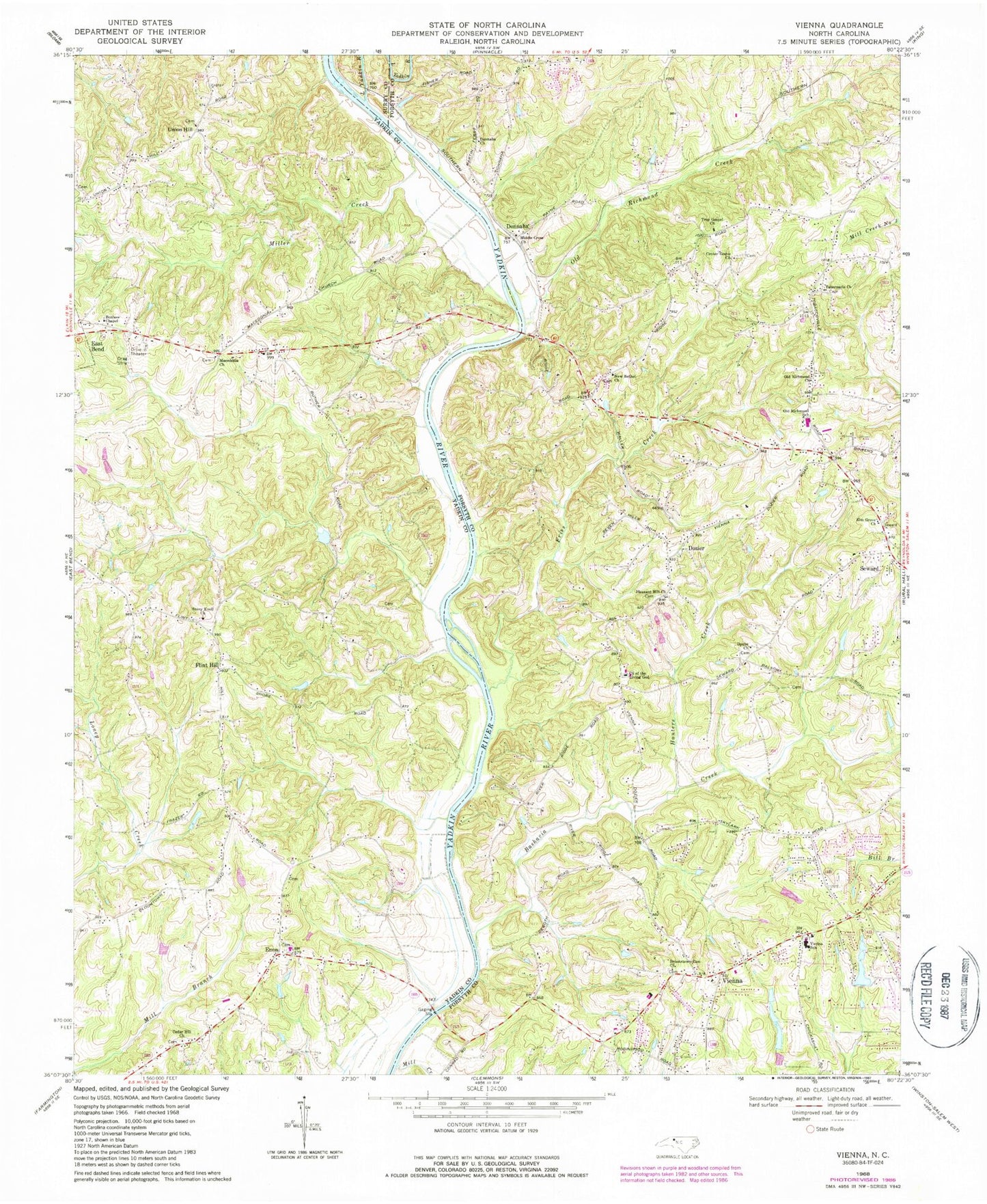Classic USGS Vienna North Carolina 7.5'x7.5' Topo Map Image