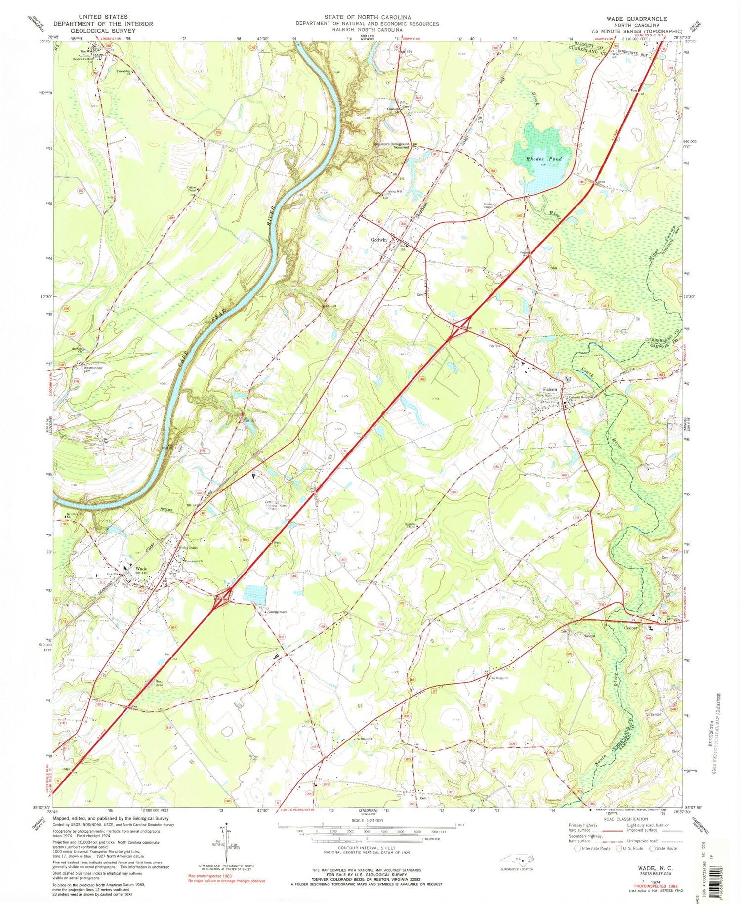 Classic USGS Wade North Carolina 7.5'x7.5' Topo Map Image