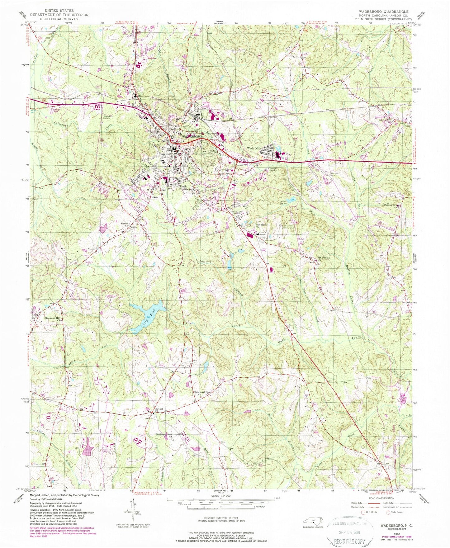 Classic USGS Wadesboro North Carolina 7.5'x7.5' Topo Map Image