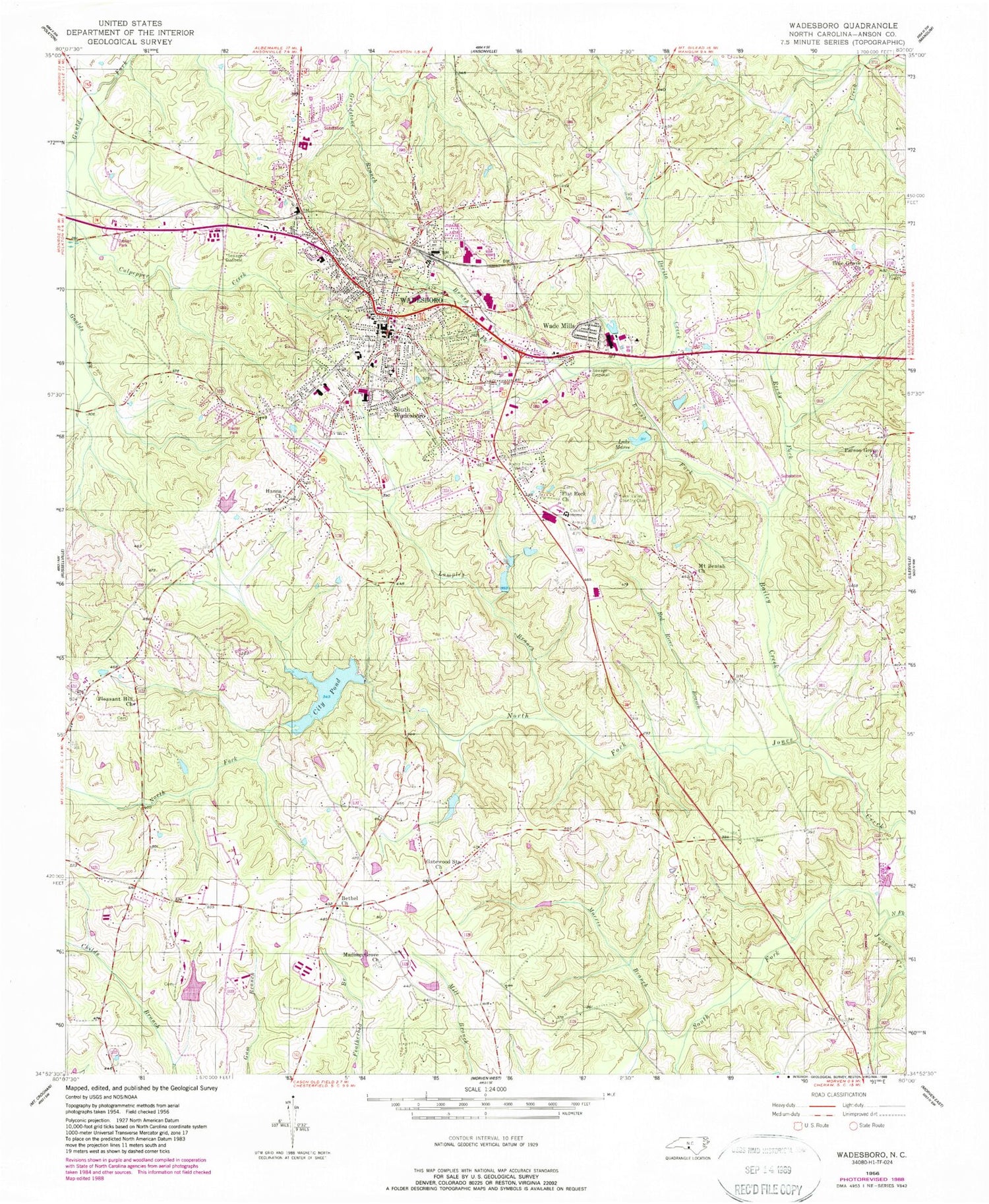 Classic USGS Wadesboro North Carolina 7.5'x7.5' Topo Map Image