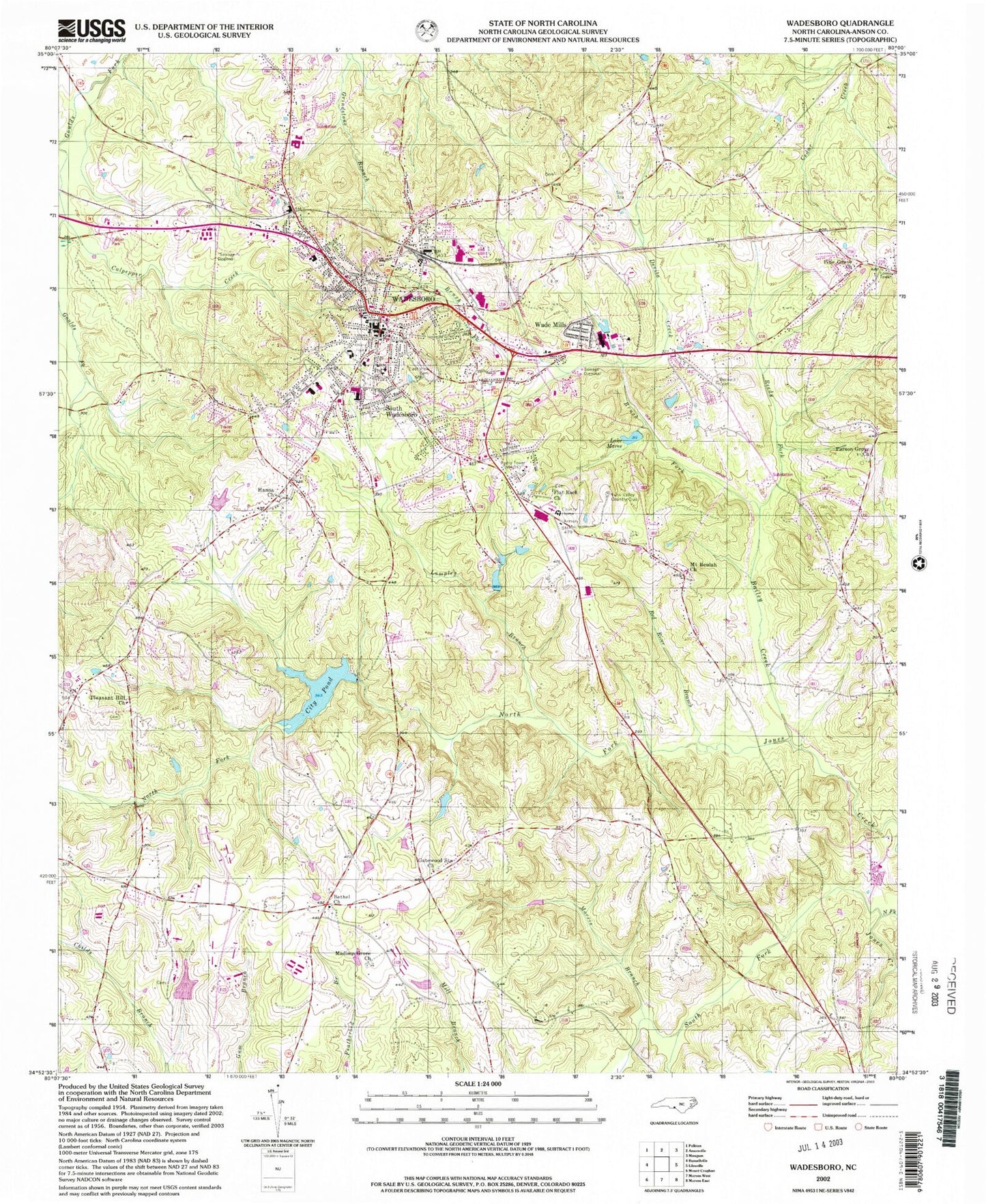 Classic USGS Wadesboro North Carolina 7.5'x7.5' Topo Map Image