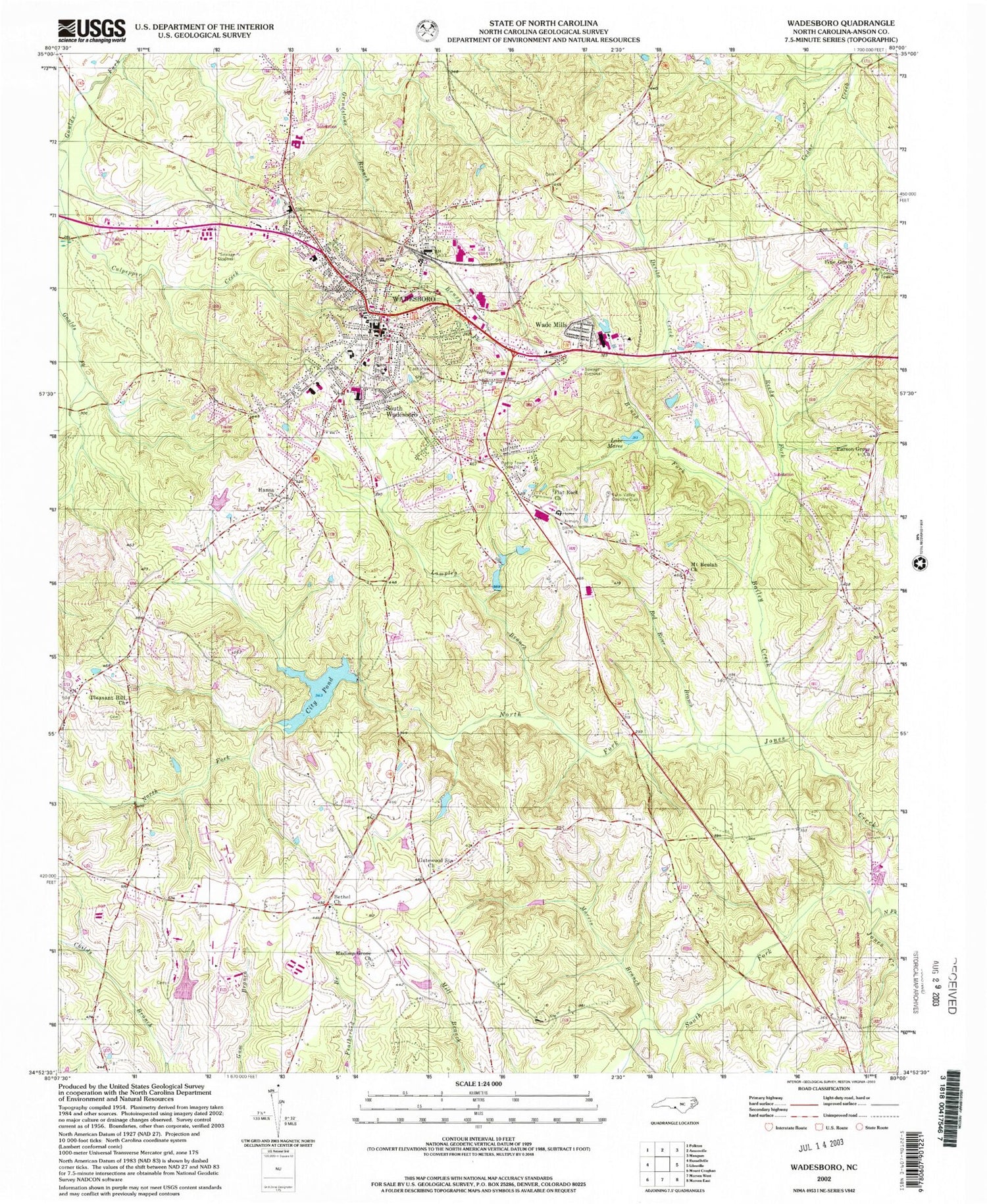 Classic USGS Wadesboro North Carolina 7.5'x7.5' Topo Map Image