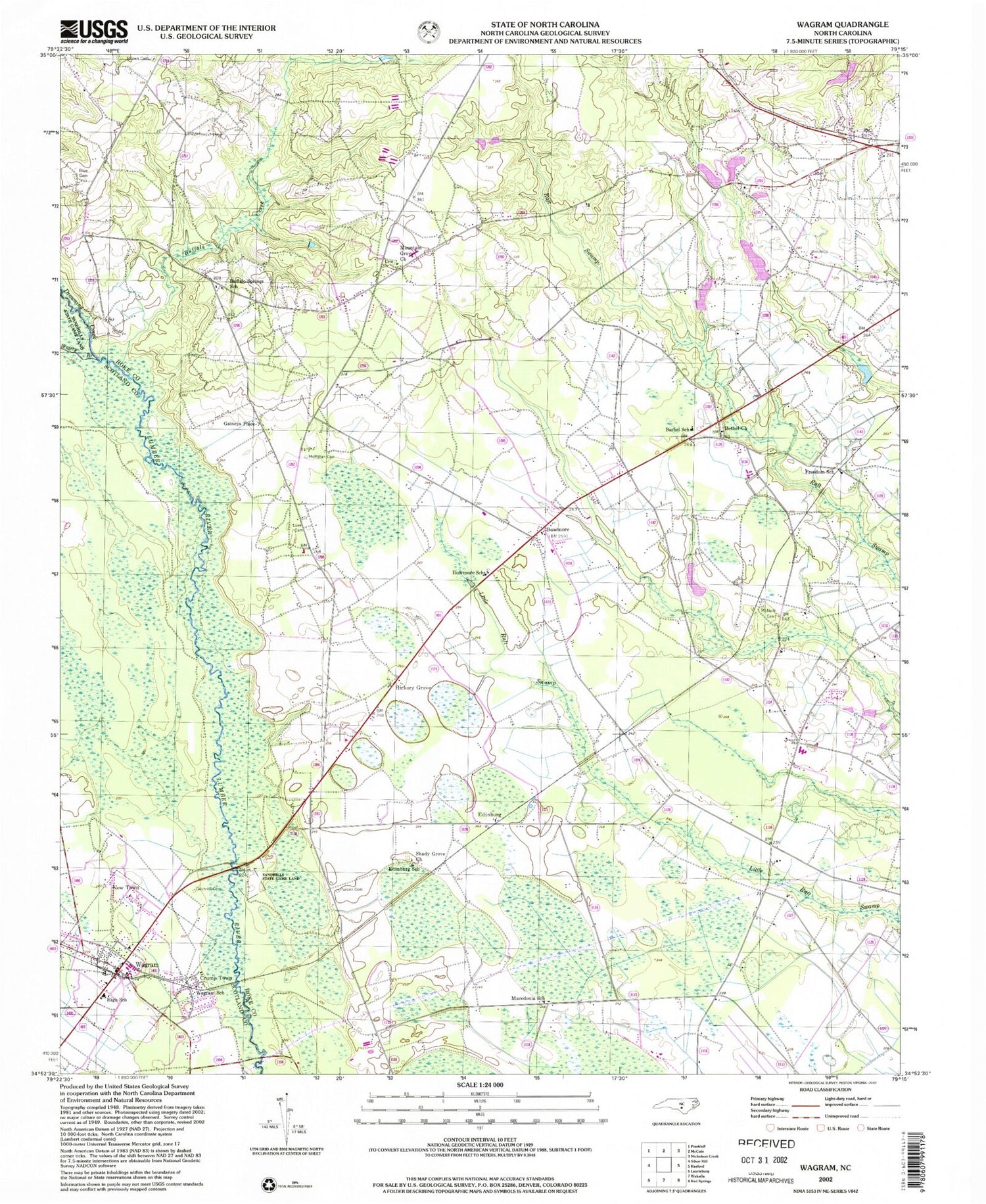Classic USGS Wagram North Carolina 7.5'x7.5' Topo Map Image