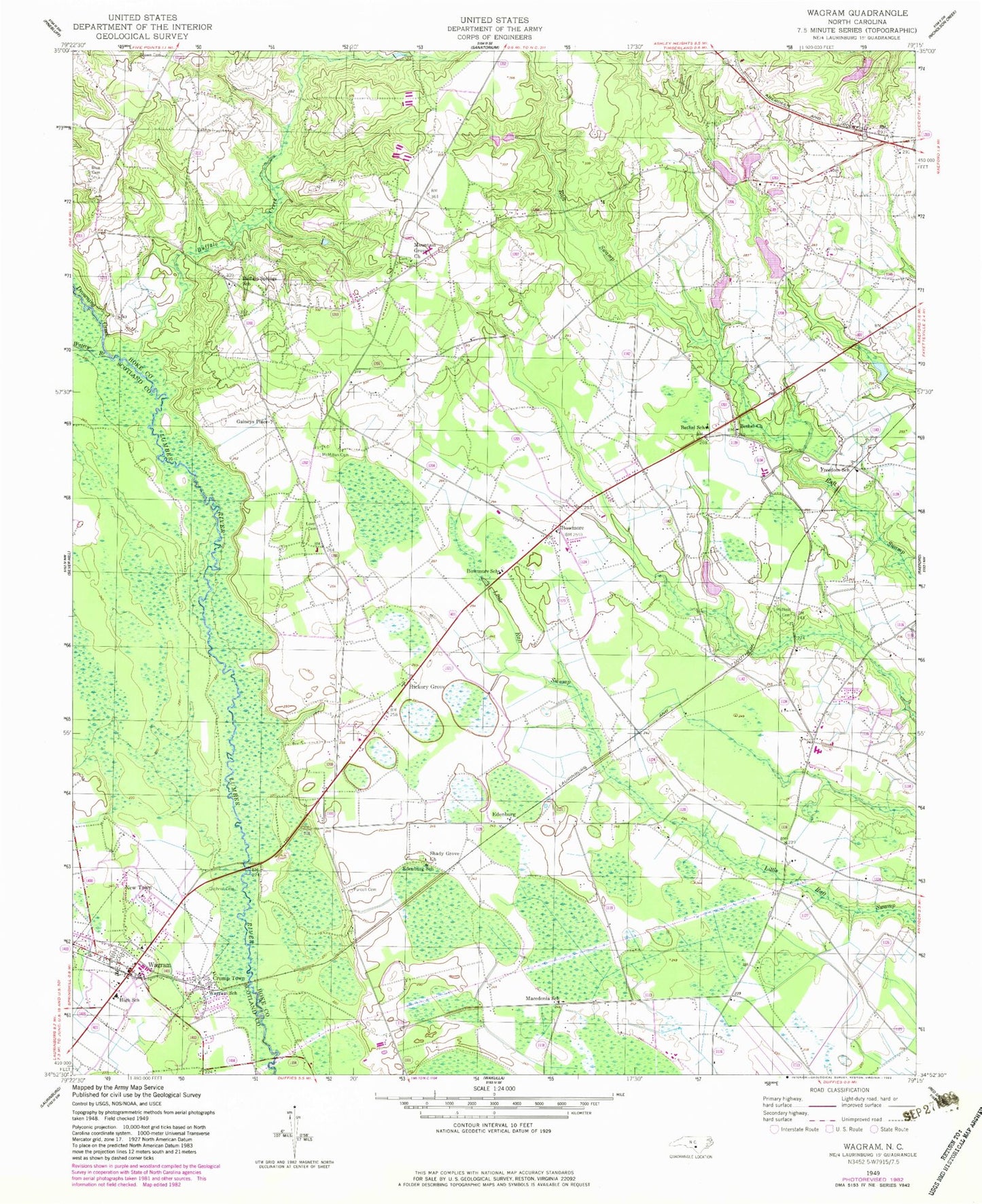 Classic USGS Wagram North Carolina 7.5'x7.5' Topo Map Image