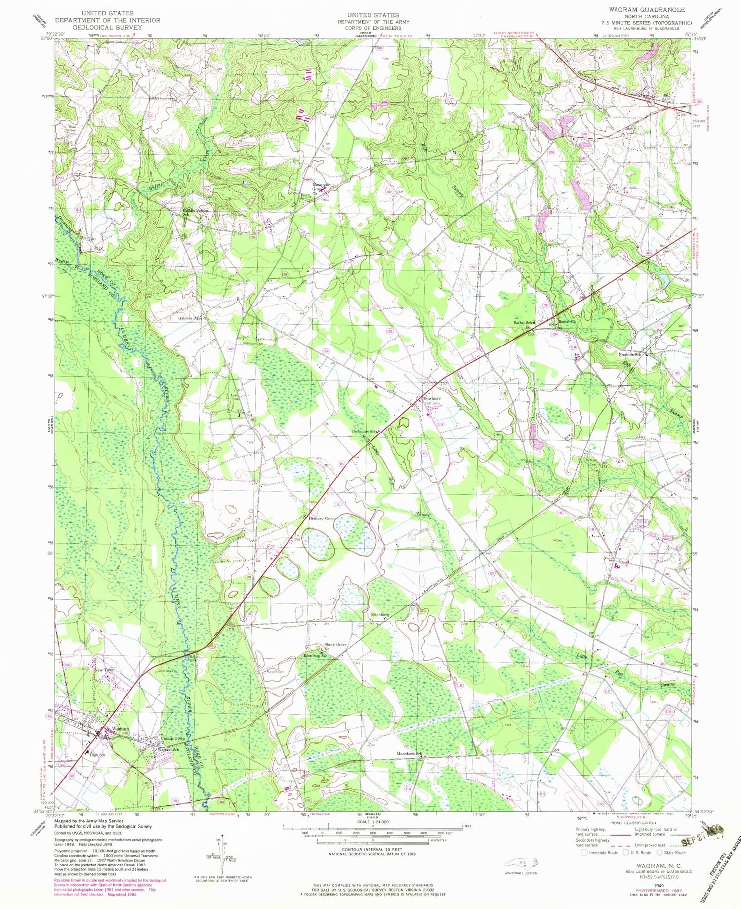 Classic USGS Wagram North Carolina 7.5'x7.5' Topo Map Image