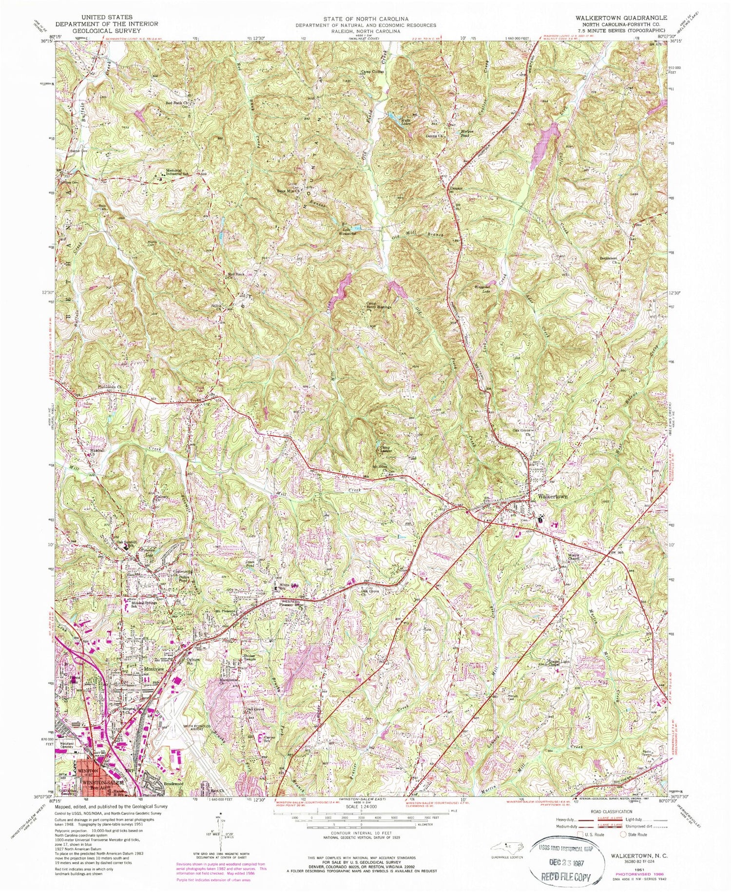 Classic USGS Walkertown North Carolina 7.5'x7.5' Topo Map Image