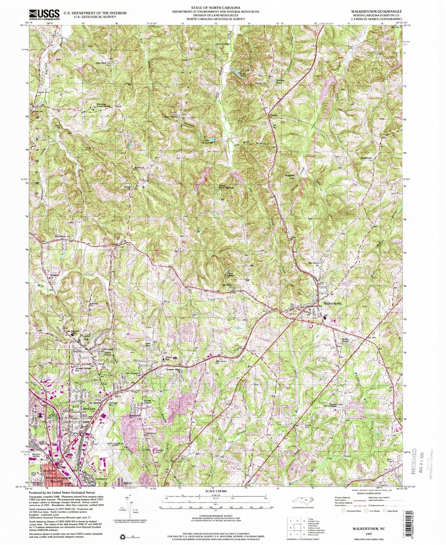 Classic USGS Walkertown North Carolina 7.5'x7.5' Topo Map Image