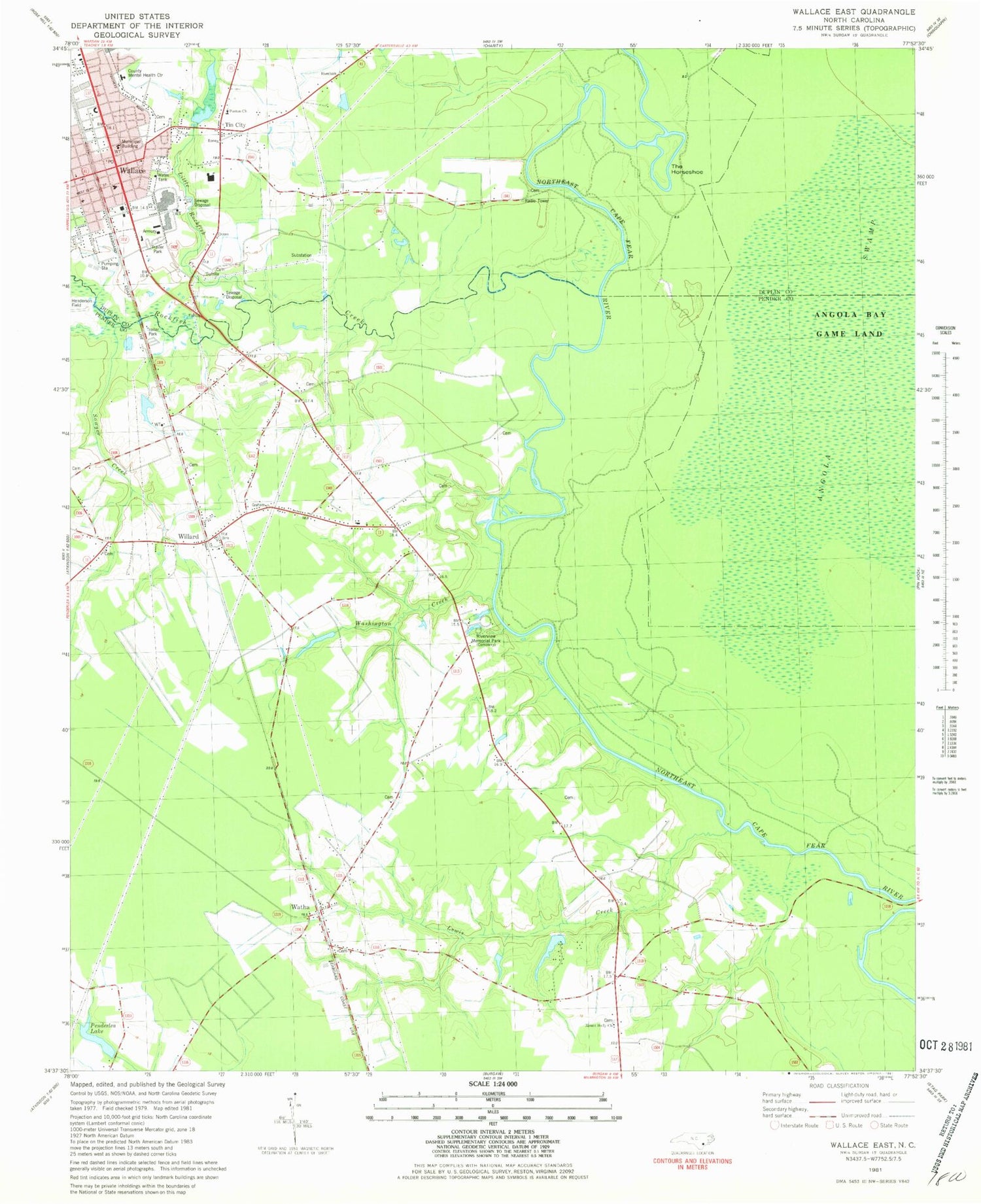 Classic USGS Wallace East North Carolina 7.5'x7.5' Topo Map Image