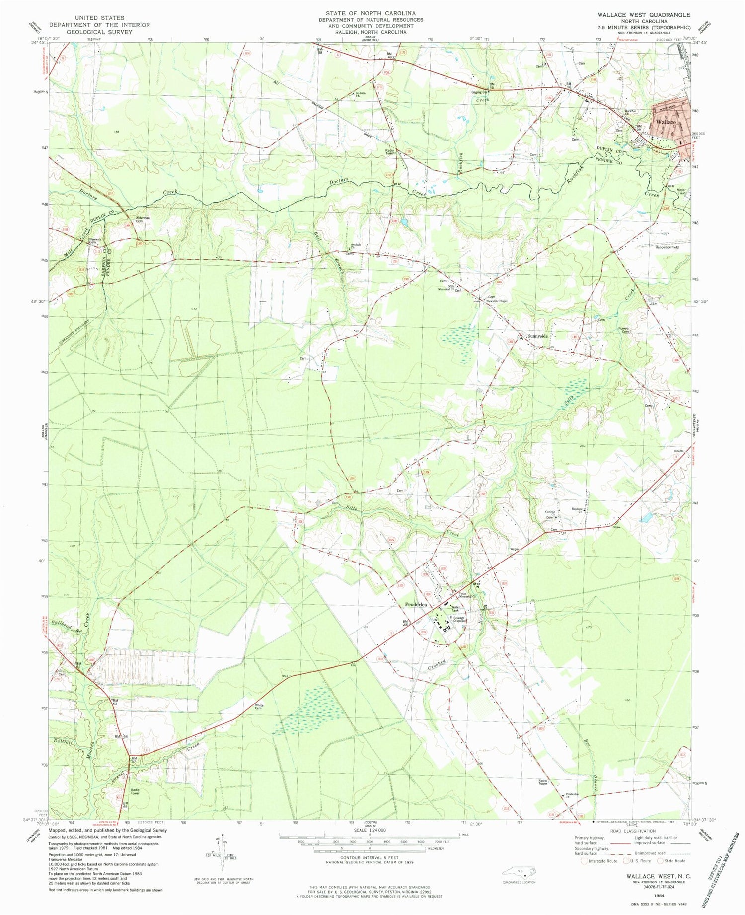 Classic USGS Wallace West North Carolina 7.5'x7.5' Topo Map Image