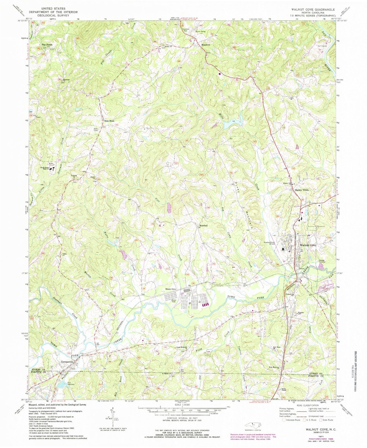 Classic USGS Walnut Cove North Carolina 7.5'x7.5' Topo Map Image
