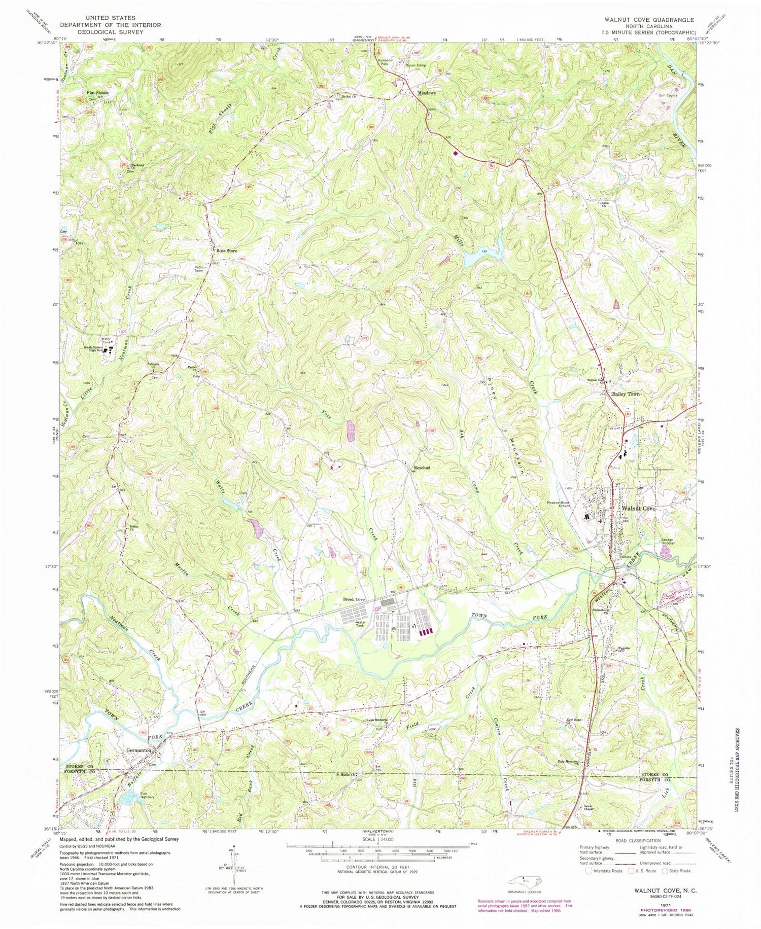 Classic USGS Walnut Cove North Carolina 7.5'x7.5' Topo Map Image