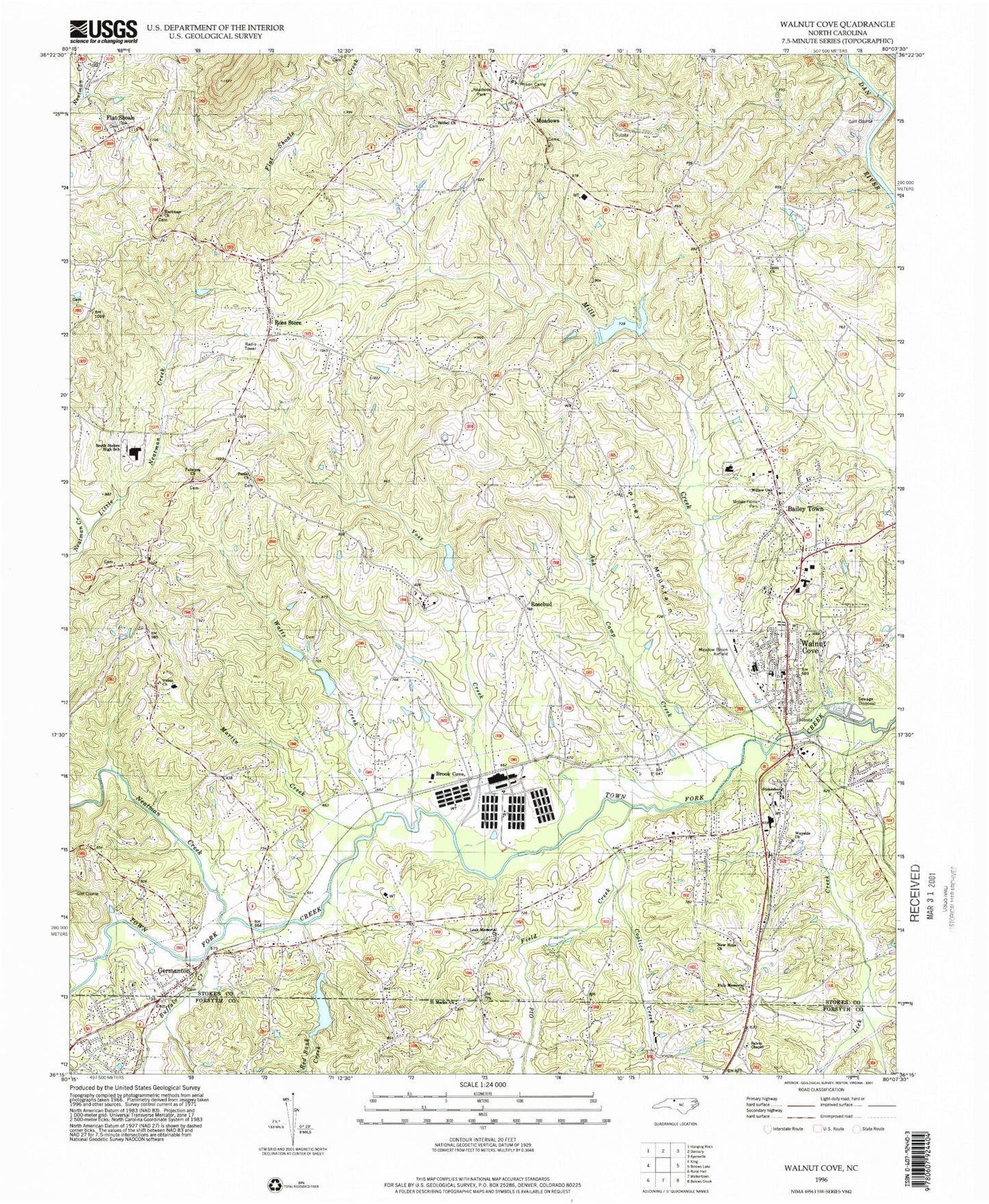 Classic USGS Walnut Cove North Carolina 7.5'x7.5' Topo Map Image