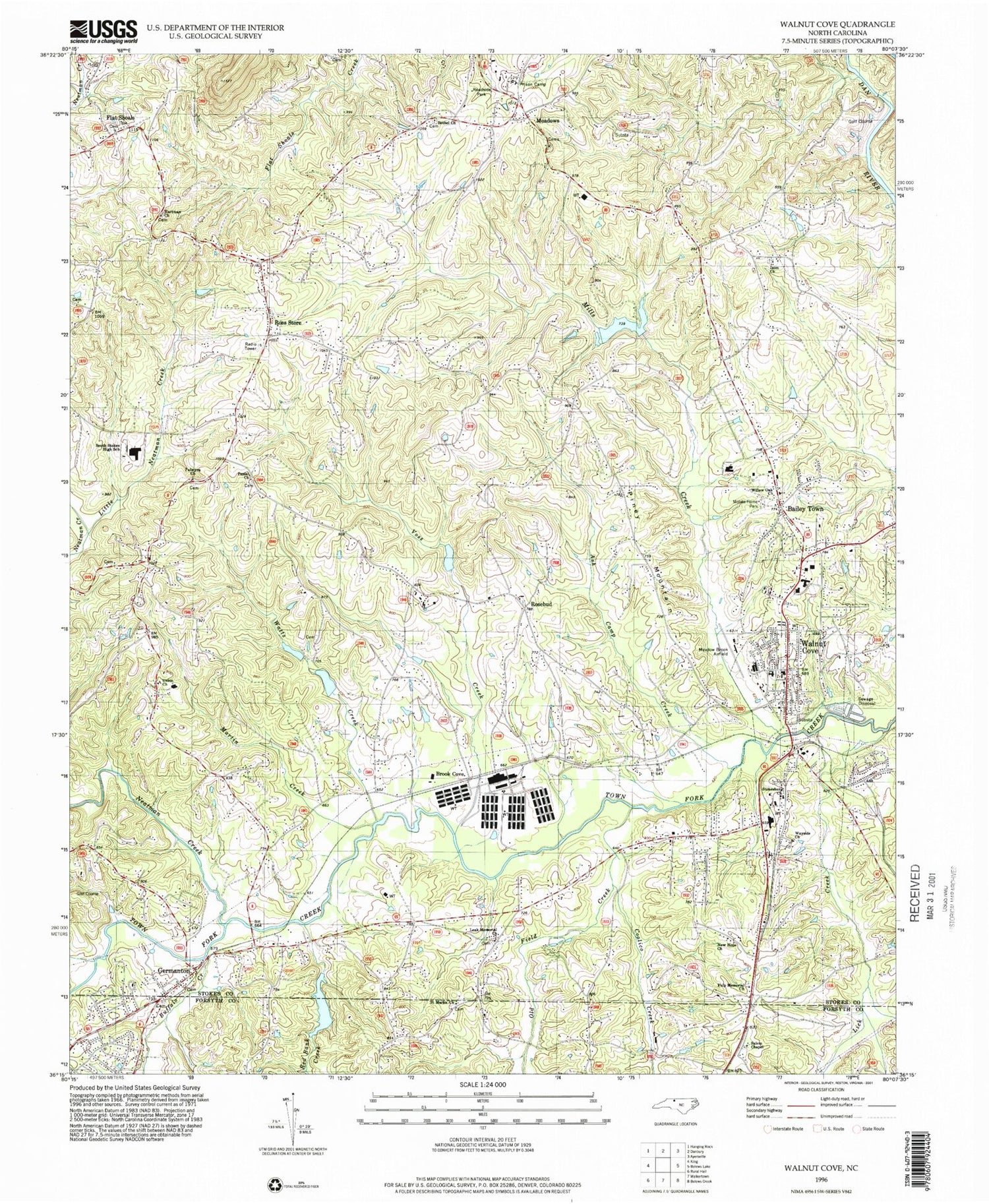 Classic USGS Walnut Cove North Carolina 7.5'x7.5' Topo Map Image