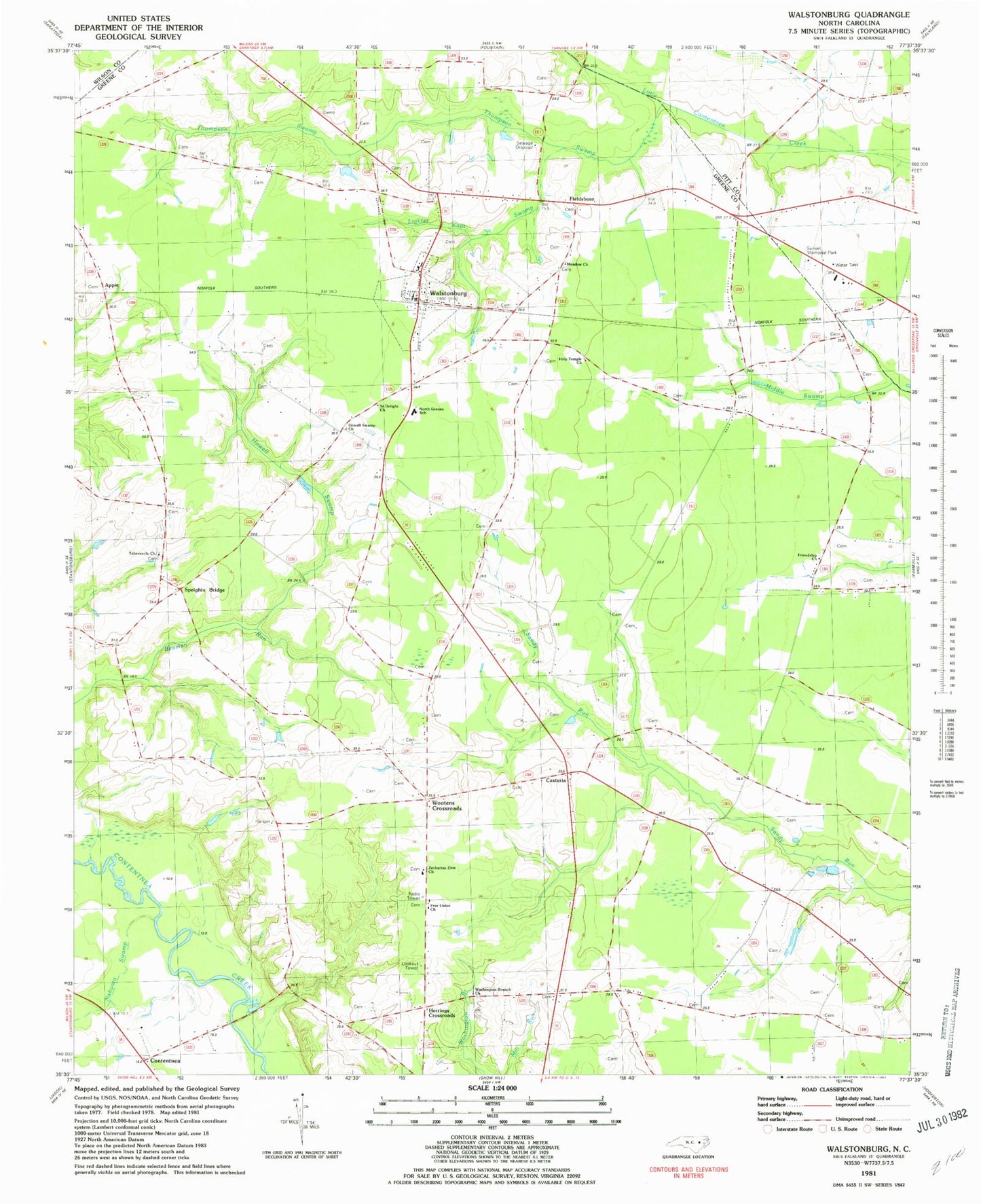 Classic USGS Walstonburg North Carolina 7.5'x7.5' Topo Map Image