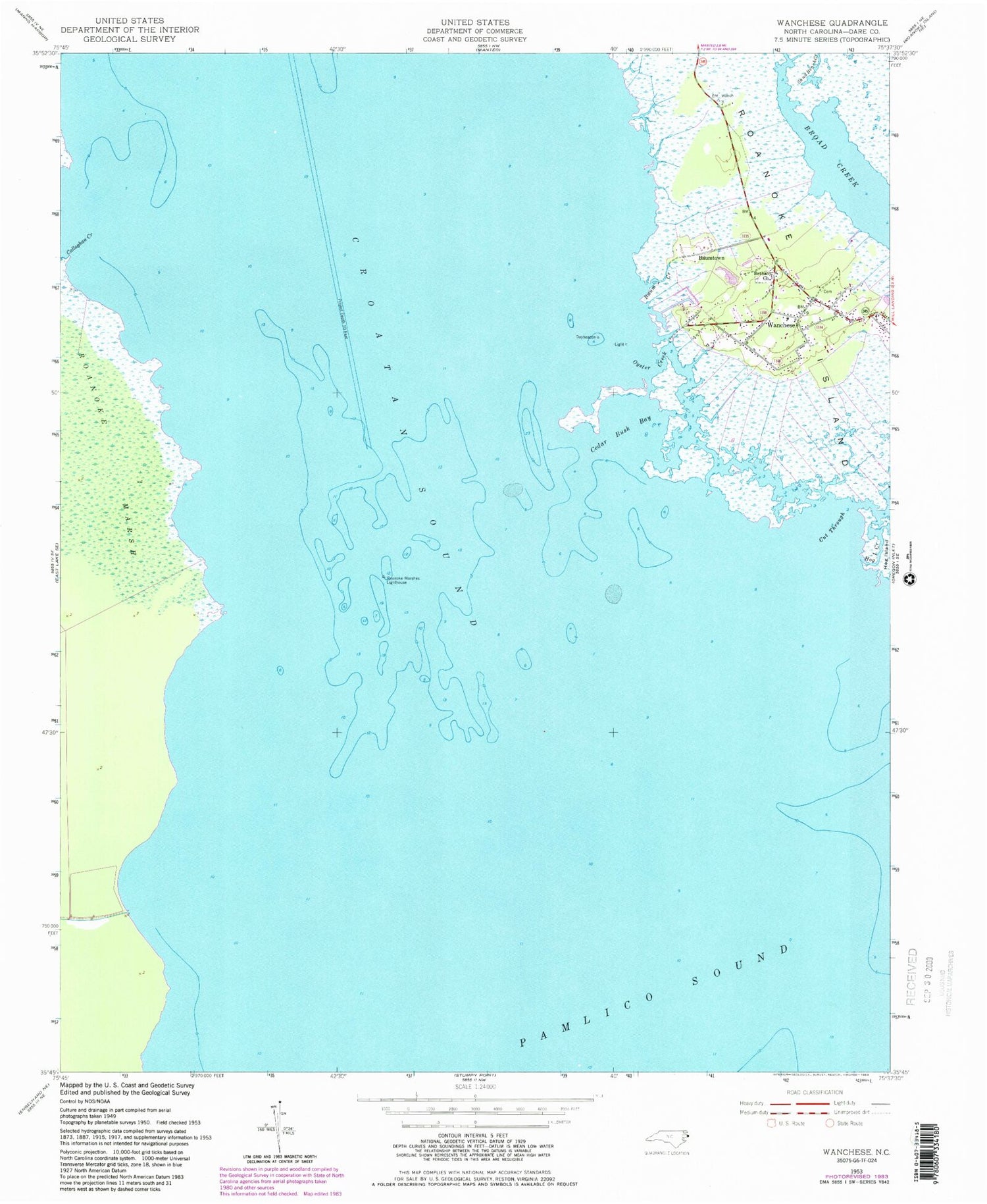 Classic USGS Wanchese North Carolina 7.5'x7.5' Topo Map Image