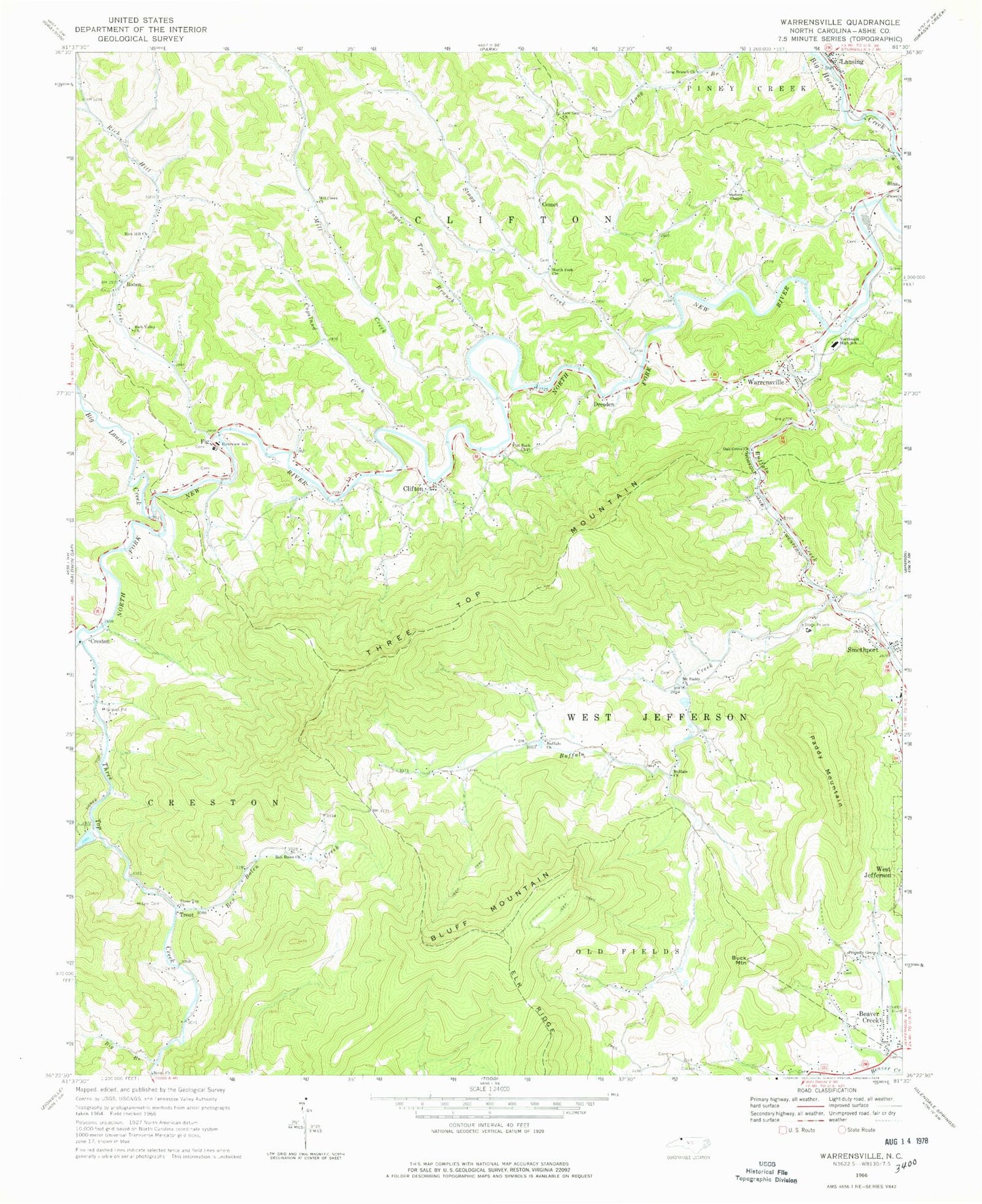 Classic USGS Warrensville North Carolina 7.5'x7.5' Topo Map Image