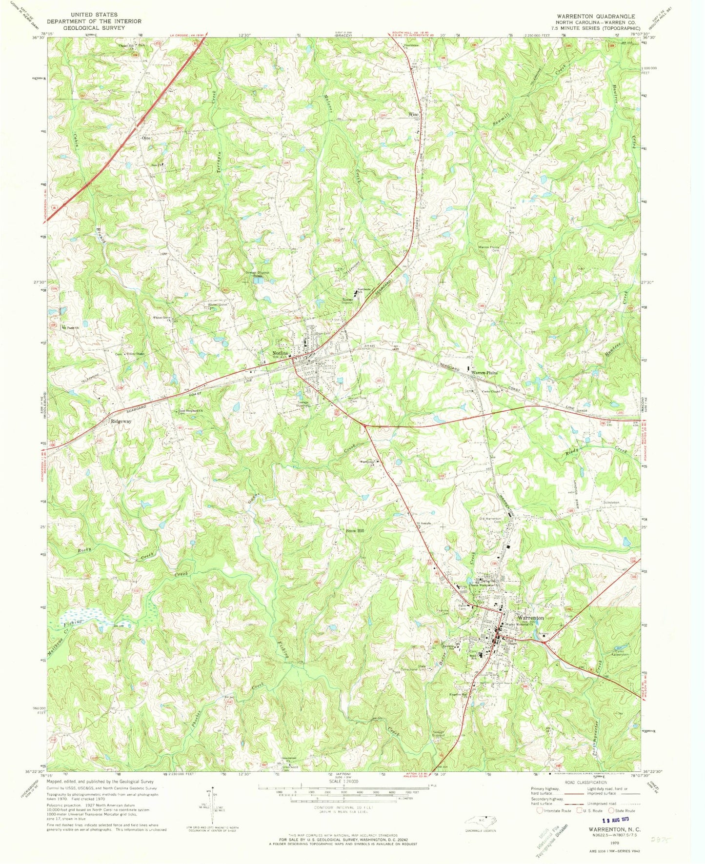 Classic USGS Warrenton North Carolina 7.5'x7.5' Topo Map Image