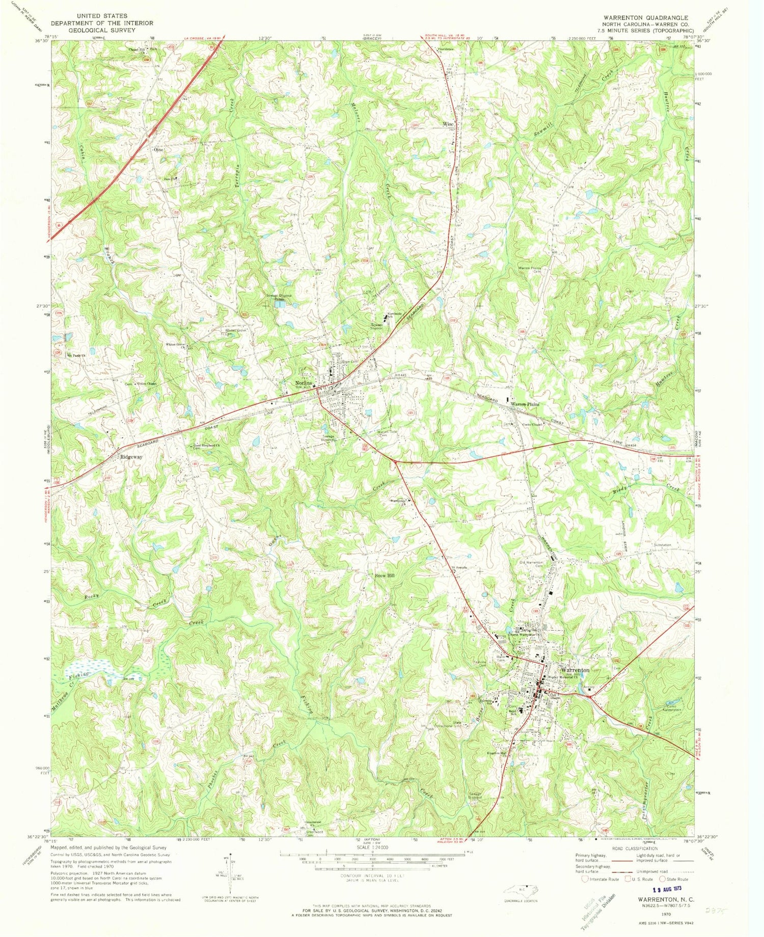 Classic USGS Warrenton North Carolina 7.5'x7.5' Topo Map Image