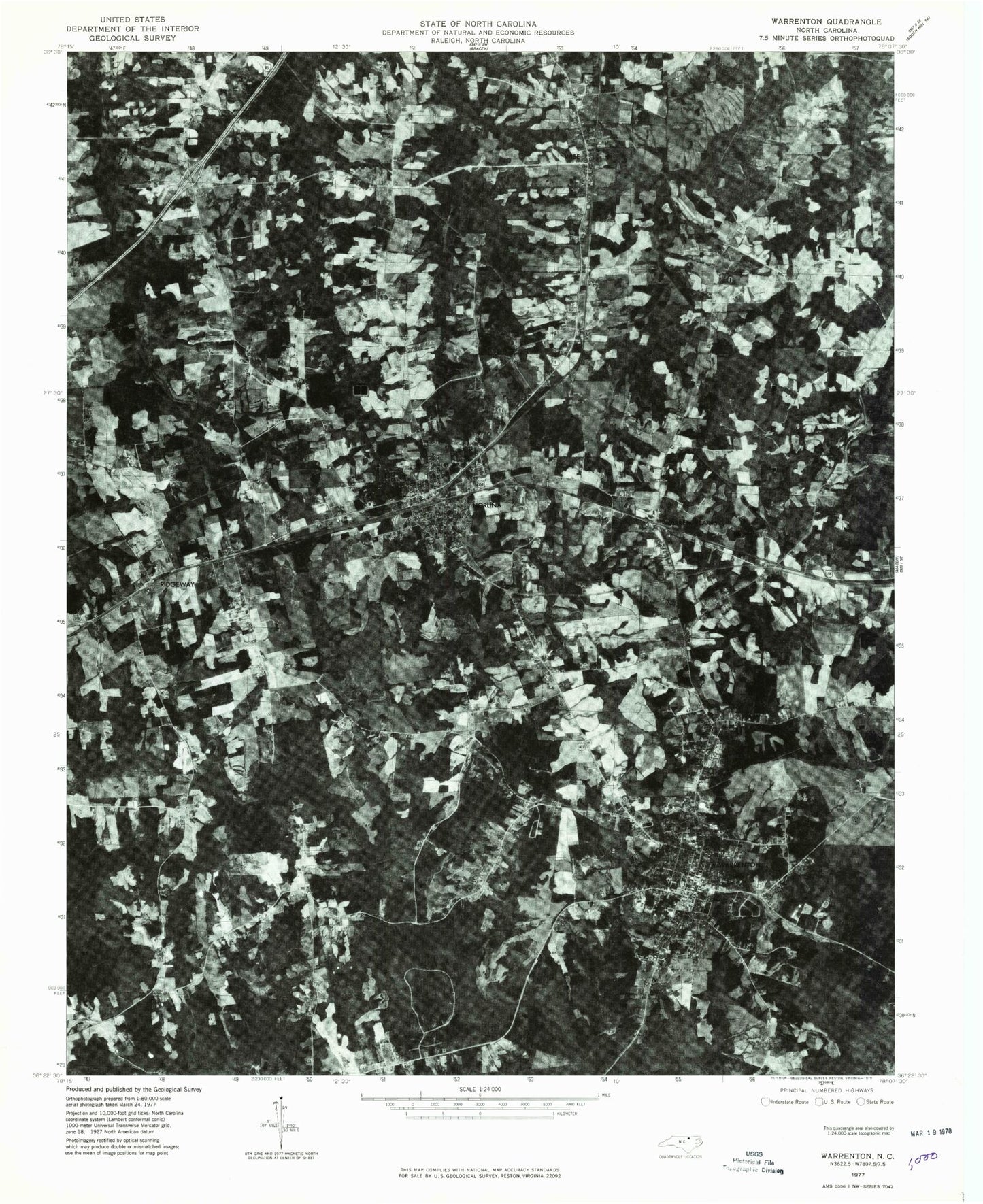 Classic USGS Warrenton North Carolina 7.5'x7.5' Topo Map Image