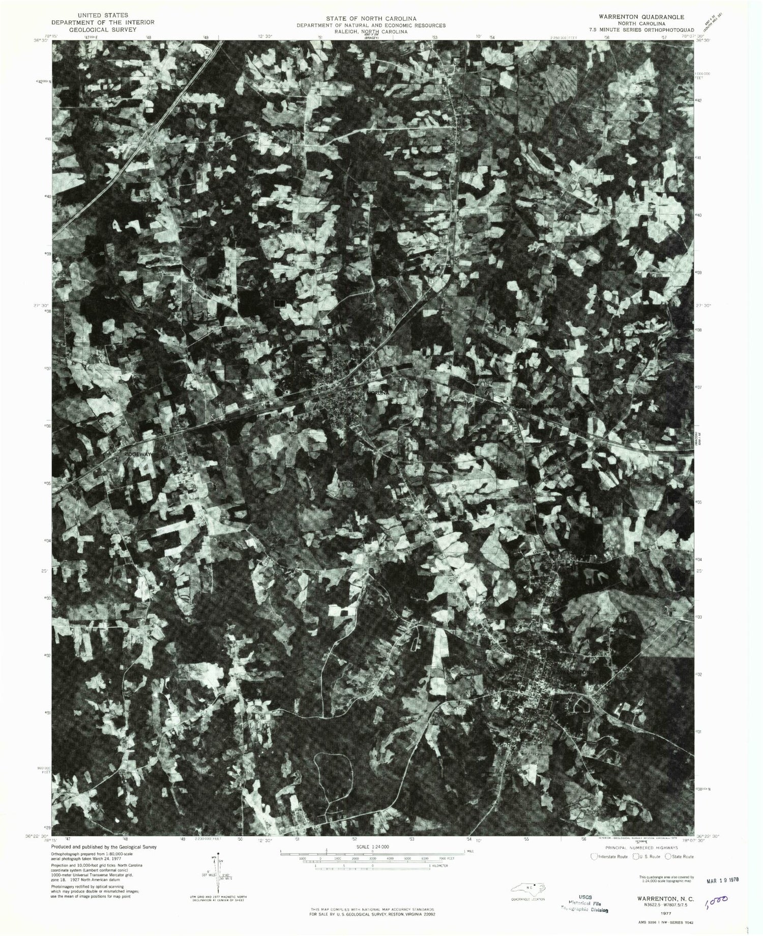 Classic USGS Warrenton North Carolina 7.5'x7.5' Topo Map Image