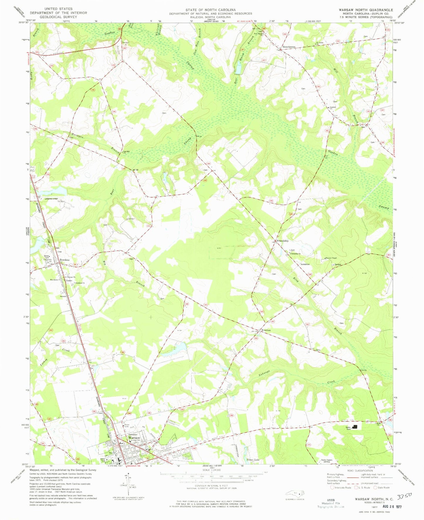 Classic USGS Warsaw North North Carolina 7.5'x7.5' Topo Map Image