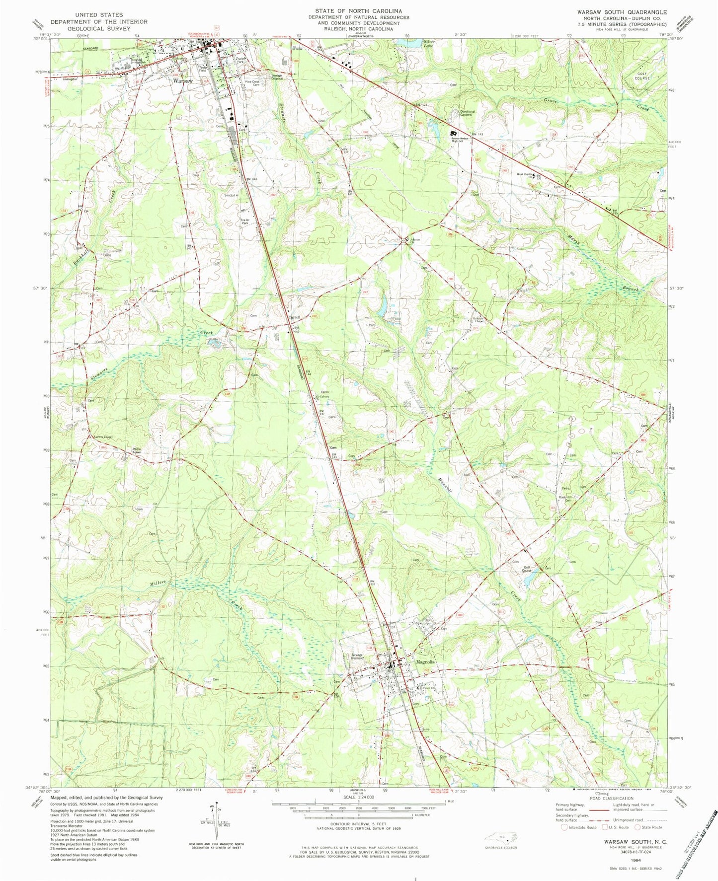 Classic USGS Warsaw South North Carolina 7.5'x7.5' Topo Map Image