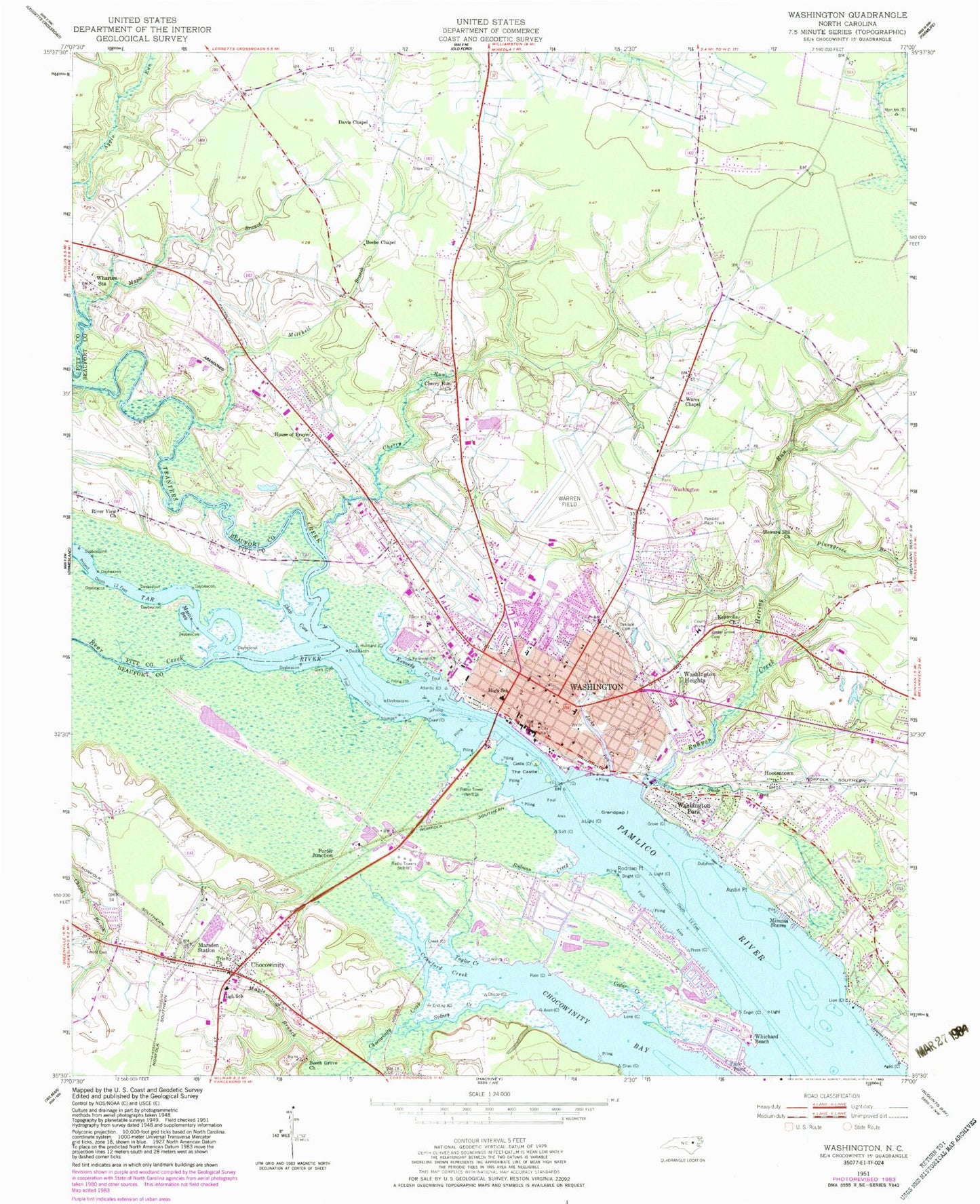 Classic USGS Washington North Carolina 7.5'x7.5' Topo Map Image