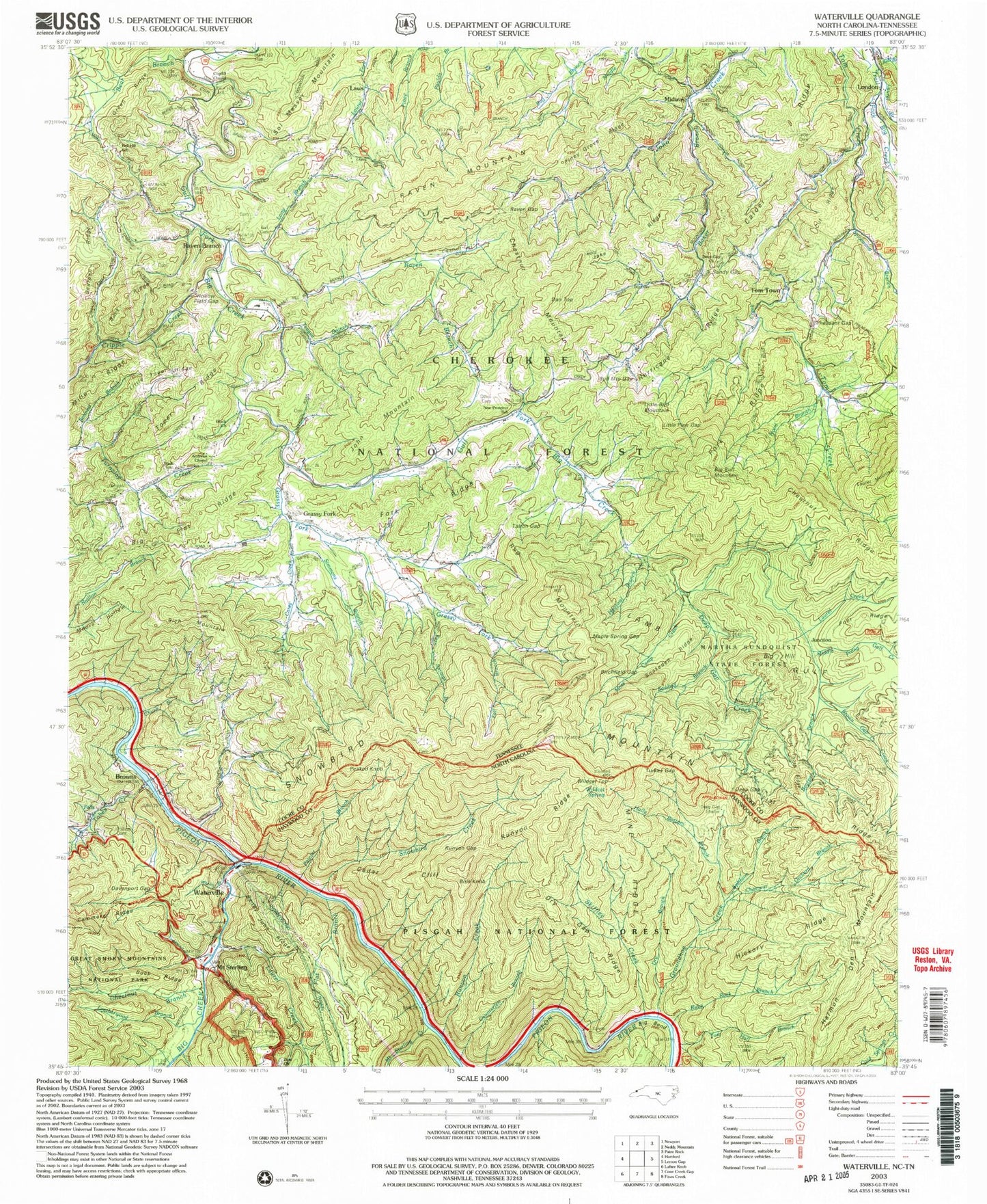 Classic USGS Waterville North Carolina 7.5'x7.5' Topo Map Image