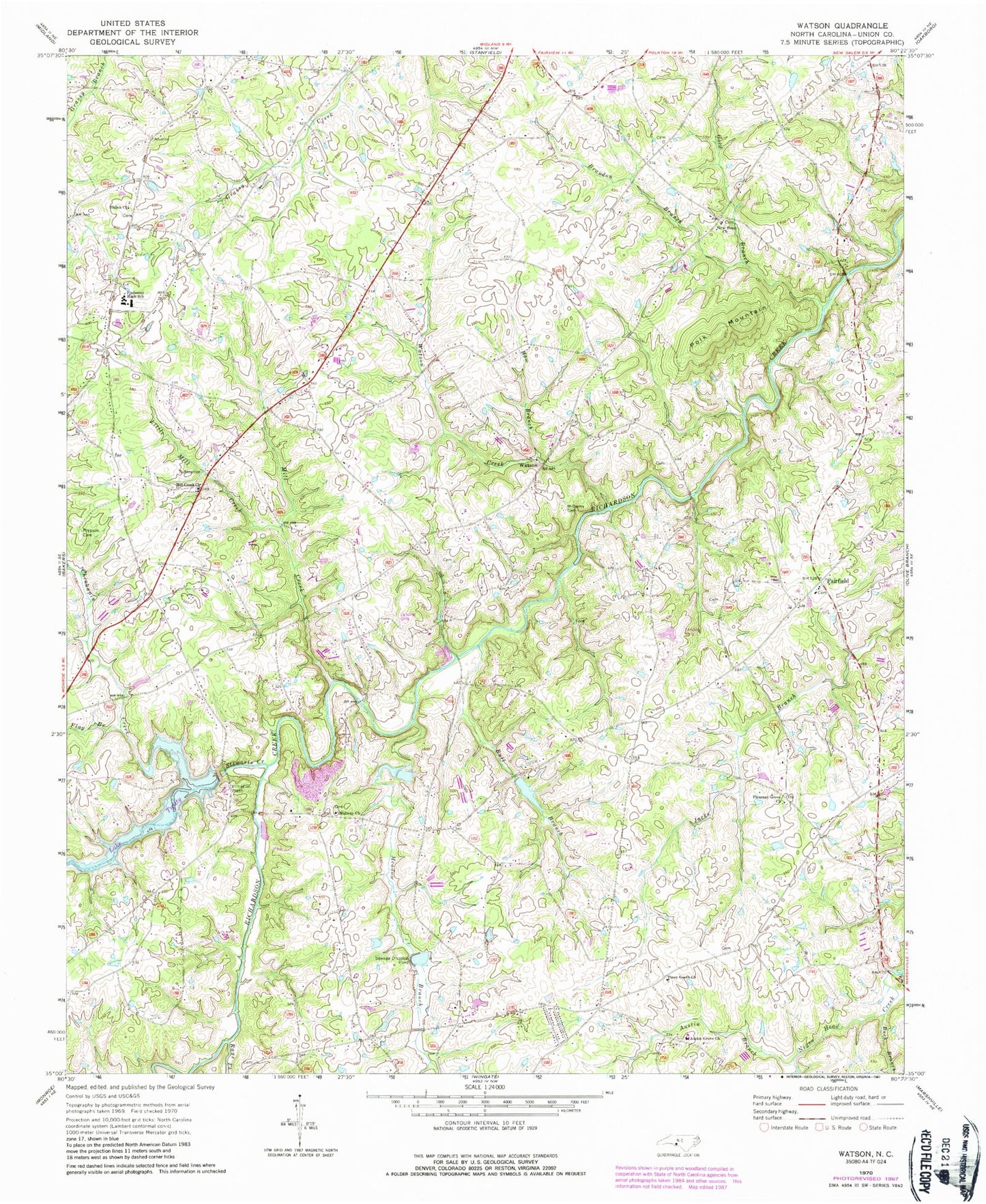 Classic USGS Watson North Carolina 7.5'x7.5' Topo Map Image