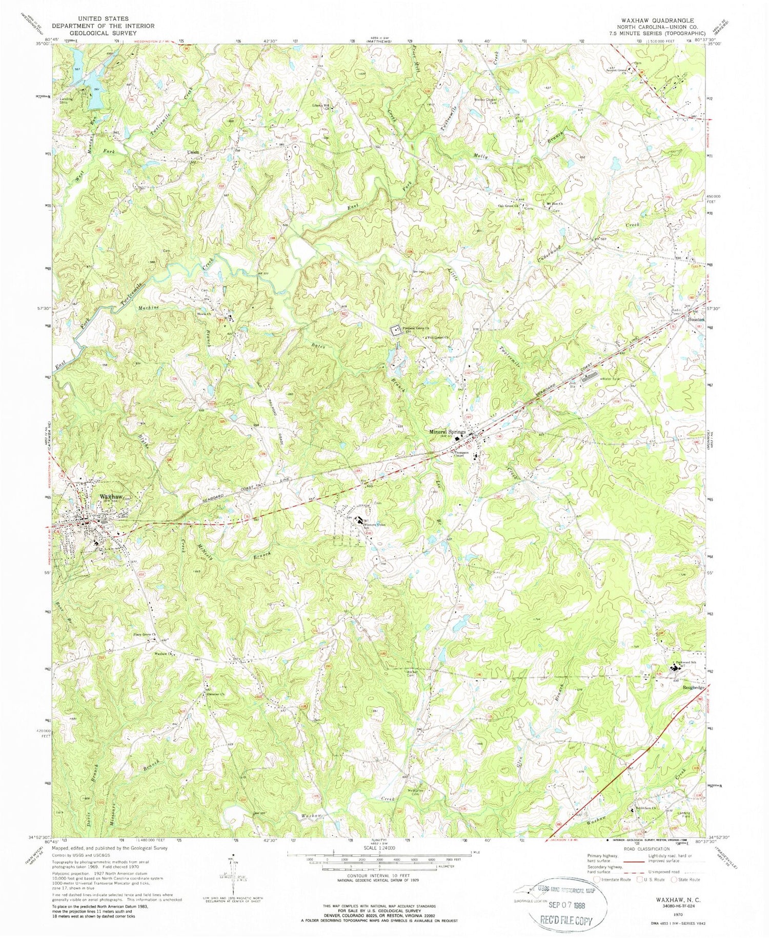 Classic USGS Waxhaw North Carolina 7.5'x7.5' Topo Map Image