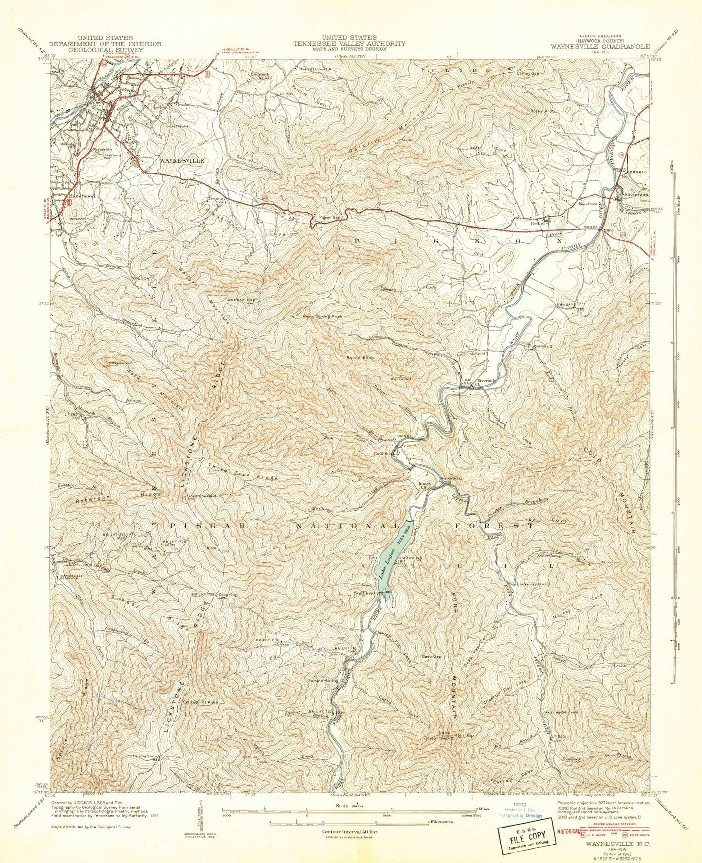 Classic USGS Waynesville North Carolina 7.5'x7.5' Topo Map Image